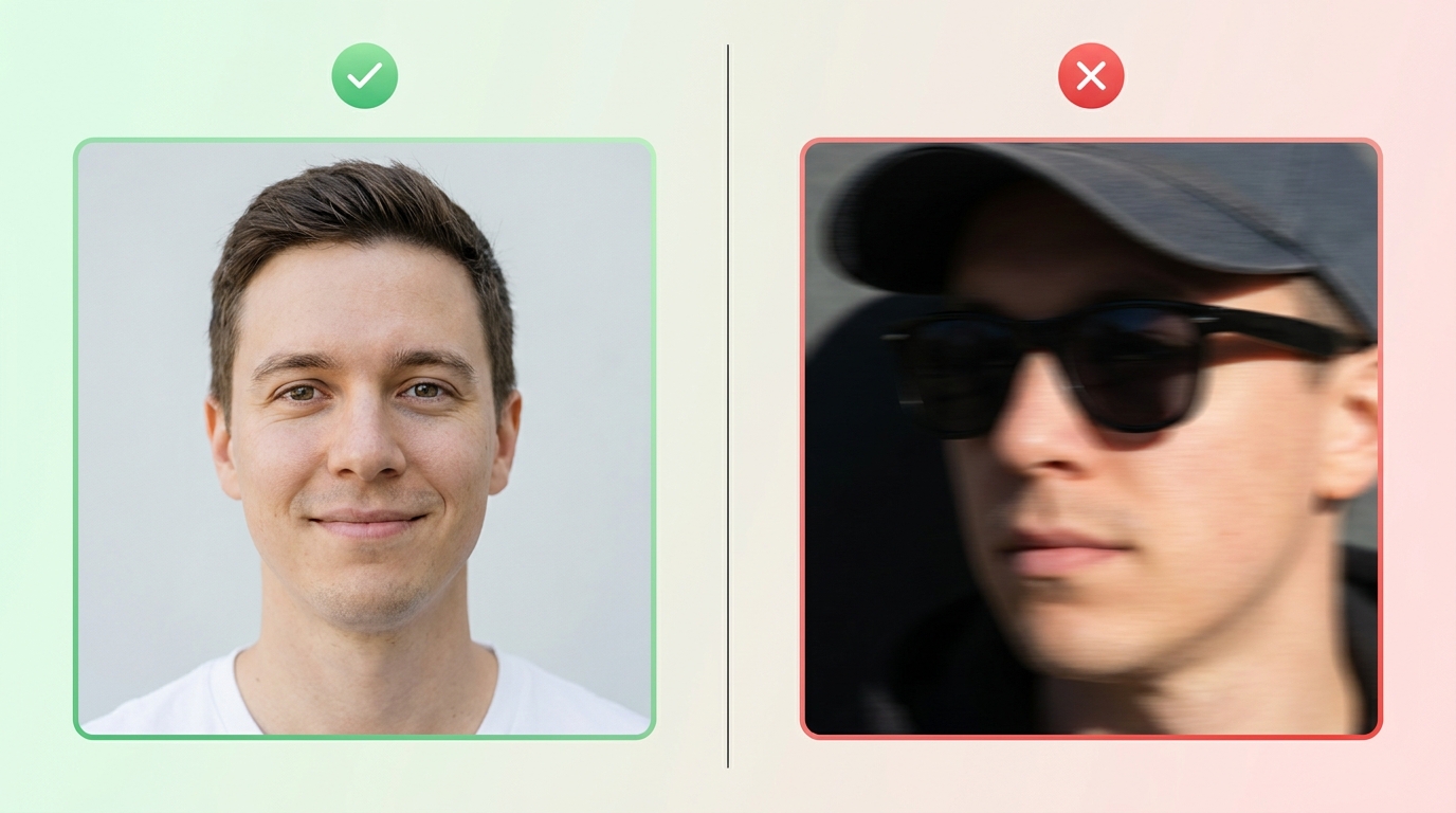 Good vs bad reference photo for AI image generation: a sharp, well-lit, front-facing headshot on the left versus a blurry, sunglasses-covered, side-angle photo on the right