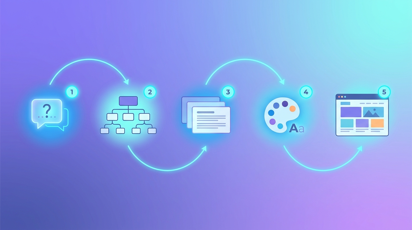 The five-step AI website generator pipeline: prompt → structure → content → design → assembled live site