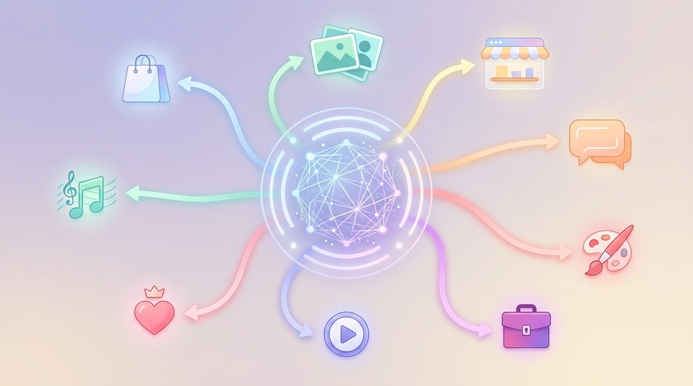 Visualization of multiple monetization paths flowing from a central AI generator out to different income streams