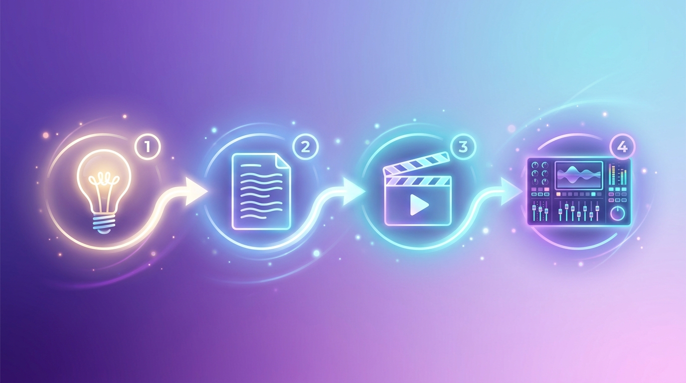 The four steps of the AI video pipeline: idea, script, video, polish