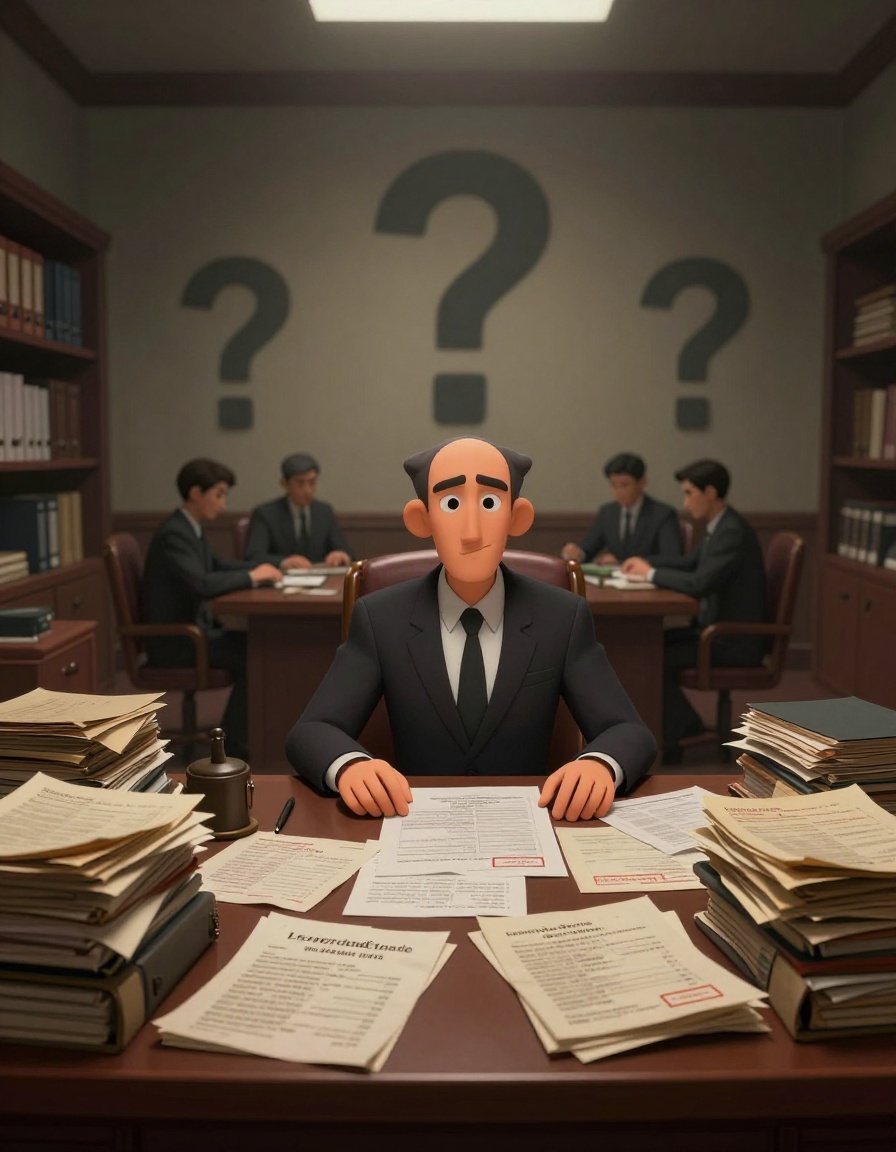 Arte: Semi-Realistic 2D Animation Style, portrait 9:16, high quality, old government commission room filled with files and investigation reports stacked on desk, large documents stamped confidential, shadowy officials sitting around long table, giant question marks subtly appearing in background shadows, dramatic atmosphere, realistic paper textures, mystery mood