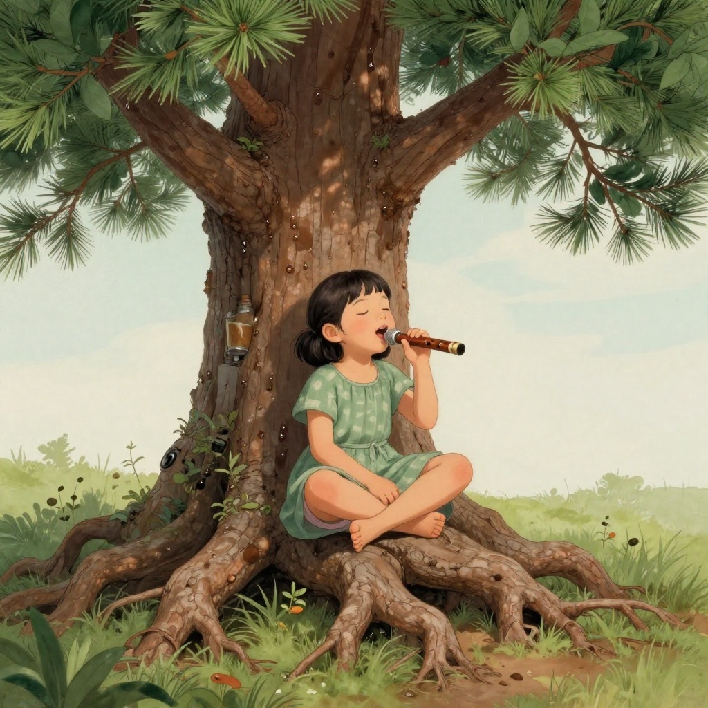 Art: The little girl sits on the large exposed root of a pine tree, cross-legged, her rounded features as sweet and serene as a Buddha.  She is audience and performer both, here in her green-canopied concert hall, redolent with the sticky sweetness of pine.   Ju di listens to her magic reeds for a while, and then she sings, and the reeds answer her back, not an echo this time, but counterpoint, a game that young music lovers find endlessly pleasing.