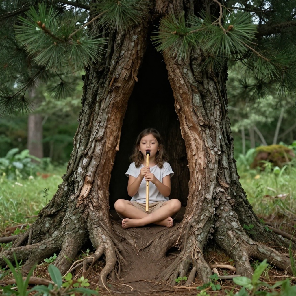 Art: The little girl sits on the large exposed root of a pine tree, cross-legged, her rounded features as sweet and serene as a Buddha.  She is audience and performer both, here in her green-canopied concert hall, redolent with the sticky sweetness of pine.   Ju di listens to her magic reeds for a while, and then she sings, and the reeds answer her back, not an echo this time, but counterpoint, a game that young music lovers find endlessly pleasing.