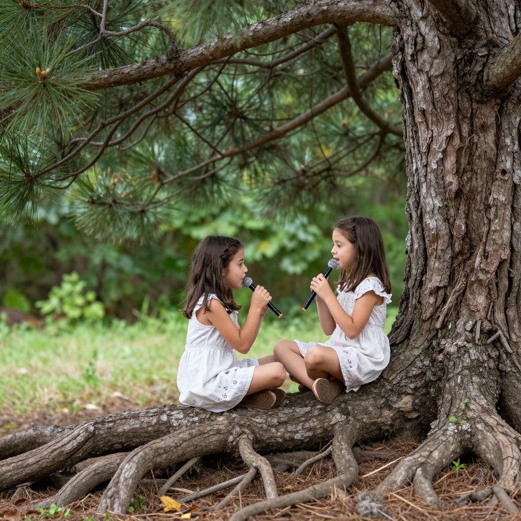 Art: The little girl sits on the large exposed root of a pine tree, cross-legged, her rounded features as sweet and serene as a Buddha.  She is audience and performer both, here in her green-canopied concert hall, redolent with the sticky sweetness of pine.   Ju di listens to her magic reeds for a while, and then she sings, and the reeds answer her back, not an echo this time, but counterpoint, a game that young music lovers find endlessly pleasing.