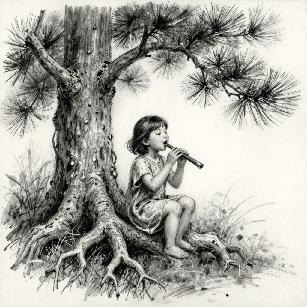Art: The little girl sits on the large exposed root of a pine tree, cross-legged, her rounded features as sweet and serene as a Buddha.  She is audience and performer both, here in her green-canopied concert hall, redolent with the sticky sweetness of pine.   Ju di listens to her magic reeds for a while, and then she sings, and the reeds answer her back, not an echo this time, but counterpoint, a game that young music lovers find endlessly pleasing.