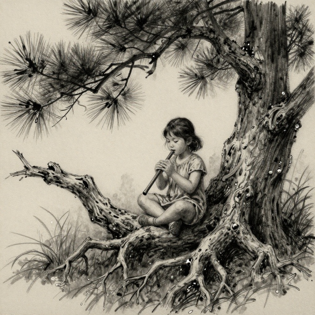 Art: The little girl sits on the large exposed root of a pine tree, cross-legged, her rounded features as sweet and serene as a Buddha.  She is audience and performer both, here in her green-canopied concert hall, redolent with the sticky sweetness of pine.   Ju di listens to her magic reeds for a while, and then she sings, and the reeds answer her back, not an echo this time, but counterpoint, a game that young music lovers find endlessly pleasing.