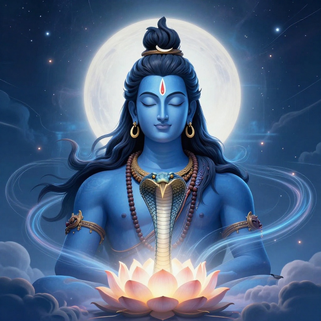 Art: Ultra-HD 4K Image Generation Prompt:*Minimalist divine portrait of Lord Shiva in deep meditation, centered composition, serene closed eyes, smooth blue skin with subtle divine glow, elegant third eye, white Tripundra tilak, crescent moon resting on a detailed Jata (matted hair bun), flowing black hair moving gracefully in the cosmic breeze, majestic cobra coiled around the neck with ultra-detailed scales, golden circular earrings, sacred Rudraksha malas, soft celestial halo with radiant white-blue light behind Shiva, glowing lotus pedestal beneath, mystical clouds and delicate cosmic energy streams in the background, tiny glowing stars, dark navy-to-cyan gradient sky, sacred spiritual atmosphere, clean vector-inspired line art blended with ultra-realistic digital painting, cinematic volumetric lighting, ethereal glow, soft bloom, perfect symmetry, premium wallpaper design, elegant composition, no text, no watermark, no extra objects, hyper-detailed, ultra-sharp focus, HDR, Unreal Engine 5, Octane Render, ray tracing, global illumination, masterpiece, award-winning artwork, 8K detail, photorealistic lighting, vibrant yet calming colors, ultra-premium devotional artwork, 4K UHD (3840×2160), ultra-high resolution, crisp edges, professional quality.