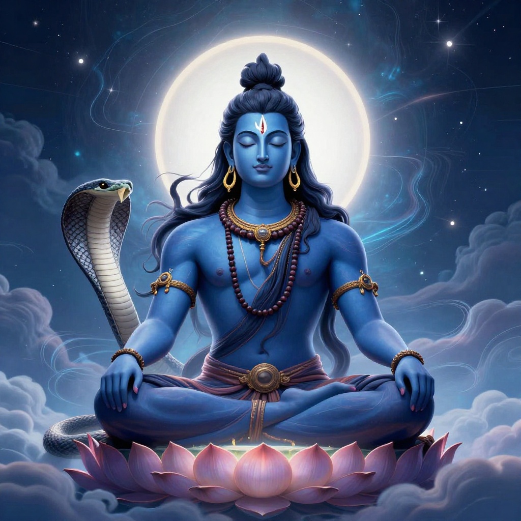 Art: Ultra-HD 4K Image Generation Prompt:*Minimalist divine portrait of Lord Shiva in deep meditation, centered composition, serene closed eyes, smooth blue skin with subtle divine glow, elegant third eye, white Tripundra tilak, crescent moon resting on a detailed Jata (matted hair bun), flowing black hair moving gracefully in the cosmic breeze, majestic cobra coiled around the neck with ultra-detailed scales, golden circular earrings, sacred Rudraksha malas, soft celestial halo with radiant white-blue light behind Shiva, glowing lotus pedestal beneath, mystical clouds and delicate cosmic energy streams in the background, tiny glowing stars, dark navy-to-cyan gradient sky, sacred spiritual atmosphere, clean vector-inspired line art blended with ultra-realistic digital painting, cinematic volumetric lighting, ethereal glow, soft bloom, perfect symmetry, premium wallpaper design, elegant composition, no text, no watermark, no extra objects, hyper-detailed, ultra-sharp focus, HDR, Unreal Engine 5, Octane Render, ray tracing, global illumination, masterpiece, award-winning artwork, 8K detail, photorealistic lighting, vibrant yet calming colors, ultra-premium devotional artwork, 4K UHD (3840×2160), ultra-high resolution, crisp edges, professional quality.
