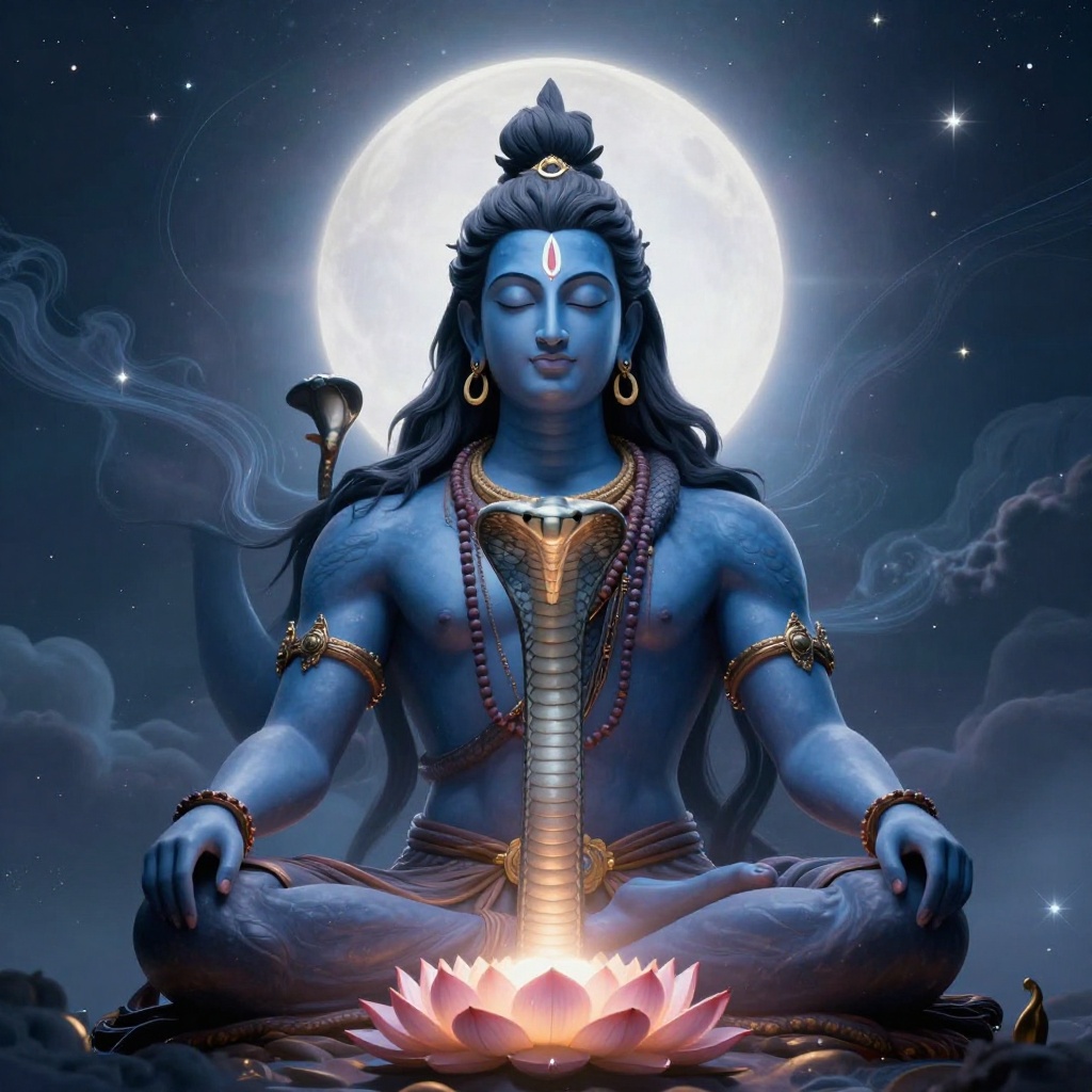 Art: Ultra-HD 4K Image Generation Prompt:*Minimalist divine portrait of Lord Shiva in deep meditation, centered composition, serene closed eyes, smooth blue skin with subtle divine glow, elegant third eye, white Tripundra tilak, crescent moon resting on a detailed Jata (matted hair bun), flowing black hair moving gracefully in the cosmic breeze, majestic cobra coiled around the neck with ultra-detailed scales, golden circular earrings, sacred Rudraksha malas, soft celestial halo with radiant white-blue light behind Shiva, glowing lotus pedestal beneath, mystical clouds and delicate cosmic energy streams in the background, tiny glowing stars, dark navy-to-cyan gradient sky, sacred spiritual atmosphere, clean vector-inspired line art blended with ultra-realistic digital painting, cinematic volumetric lighting, ethereal glow, soft bloom, perfect symmetry, premium wallpaper design, elegant composition, no text, no watermark, no extra objects, hyper-detailed, ultra-sharp focus, HDR, Unreal Engine 5, Octane Render, ray tracing, global illumination, masterpiece, award-winning artwork, 8K detail, photorealistic lighting, vibrant yet calming colors, ultra-premium devotional artwork, 4K UHD (3840×2160), ultra-high resolution, crisp edges, professional quality.