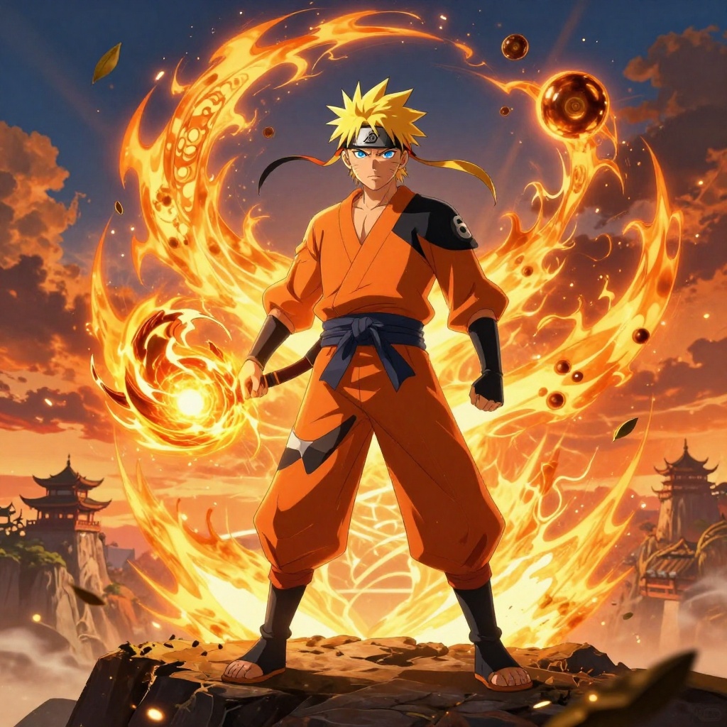 Art: A legendary ninja in his prime, standing confidently on a rocky cliff overlooking a hidden village at sunset, wearing an orange-and-black inspired outfit, spiky blond hair flowing in the wind, bright blue eyes, determined expression, village forehead protector, surrounded by a blazing golden mythical beast chakra cloak with swirling chakra flames, dark energy orbs floating behind him, a powerful energy sphere glowing intensely in one hand, cinematic action pose, dramatic clouds, lightning and flying leaves, ultra-detailed anime style, vibrant orange and blue color palette, dynamic lighting, volumetric god rays, energy particles, cinematic depth of field, masterpiece, award-winning anime artwork, highly detailed face, crisp line art, high quality rendering, HDR, ray tracing, global illumination, ultra-sharp focus, professional anime illustration, 8K ultra-HD, 4K wallpaper, no text, no logo, no watermark, clean background, premium quality.