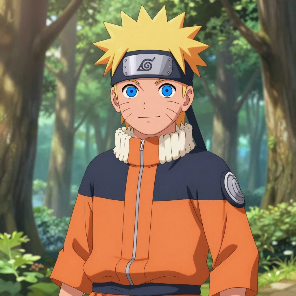 Art: **Prompt:***Young anime ninja with spiky blond hair, bright blue eyes, three whisker marks on each cheek, cheerful and confident expression, wearing a simple orange-and-black ninja outfit with a black forehead protector featuring a generic spiral symbol (not a copyrighted logo), standing in a peaceful forest at sunrise, relaxed pose, no glowing aura, no chakra effects, no Rasengan, no Nine-Tails cloak, no weapons, clean anime cel-shading, vibrant colors, highly detailed face, cinematic composition, soft natural lighting, ultra-sharp focus, masterpiece, premium anime illustration, professional digital art, 4K UHD, ultra-high resolution, crisp details, wallpaper quality, no text, no watermark.*