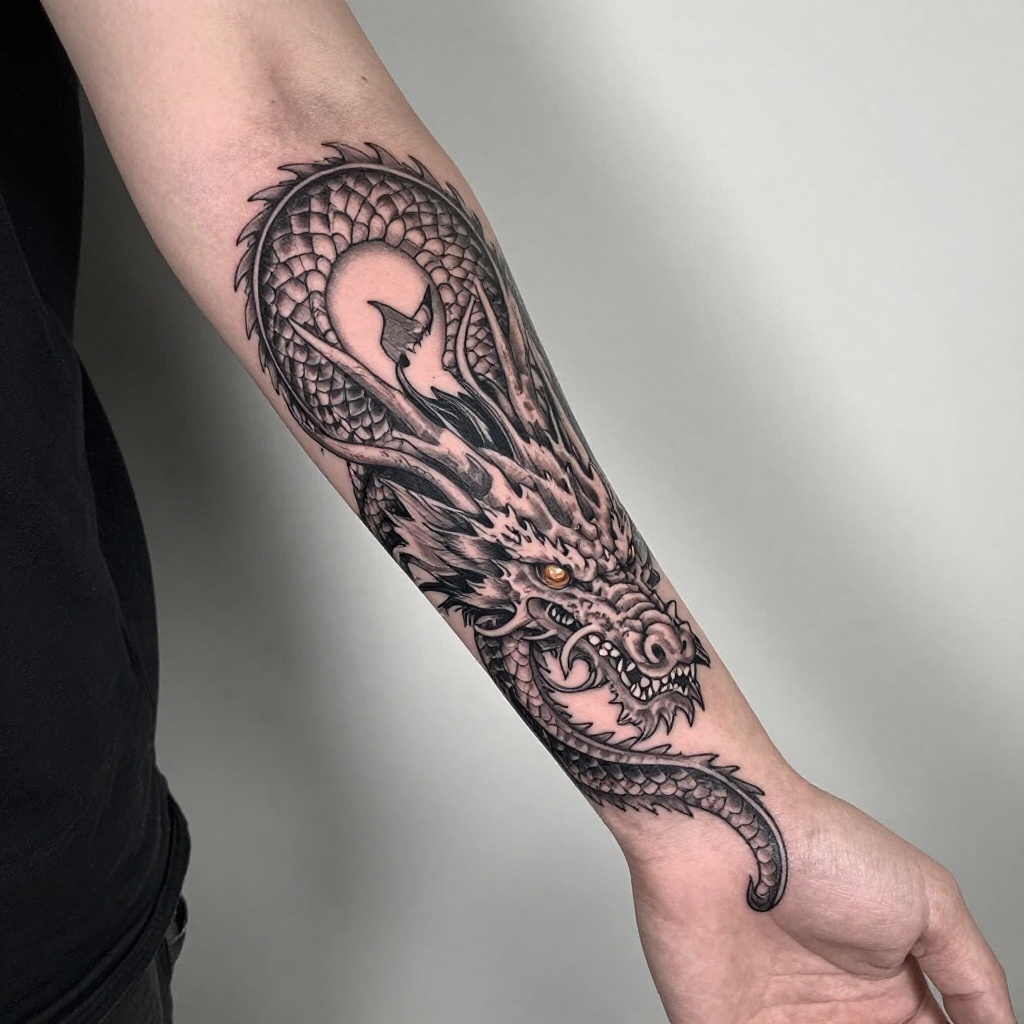 Art: Modern dragon tattoo that from the rail at the wrist that wraps around the arm and the head land on the front of the shoulder