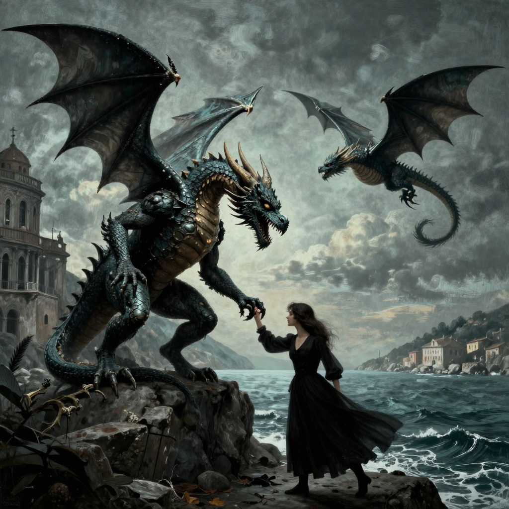 Art: Romantic gothic cou0penholding each other on an Italian coast with a dragon in the distance flying