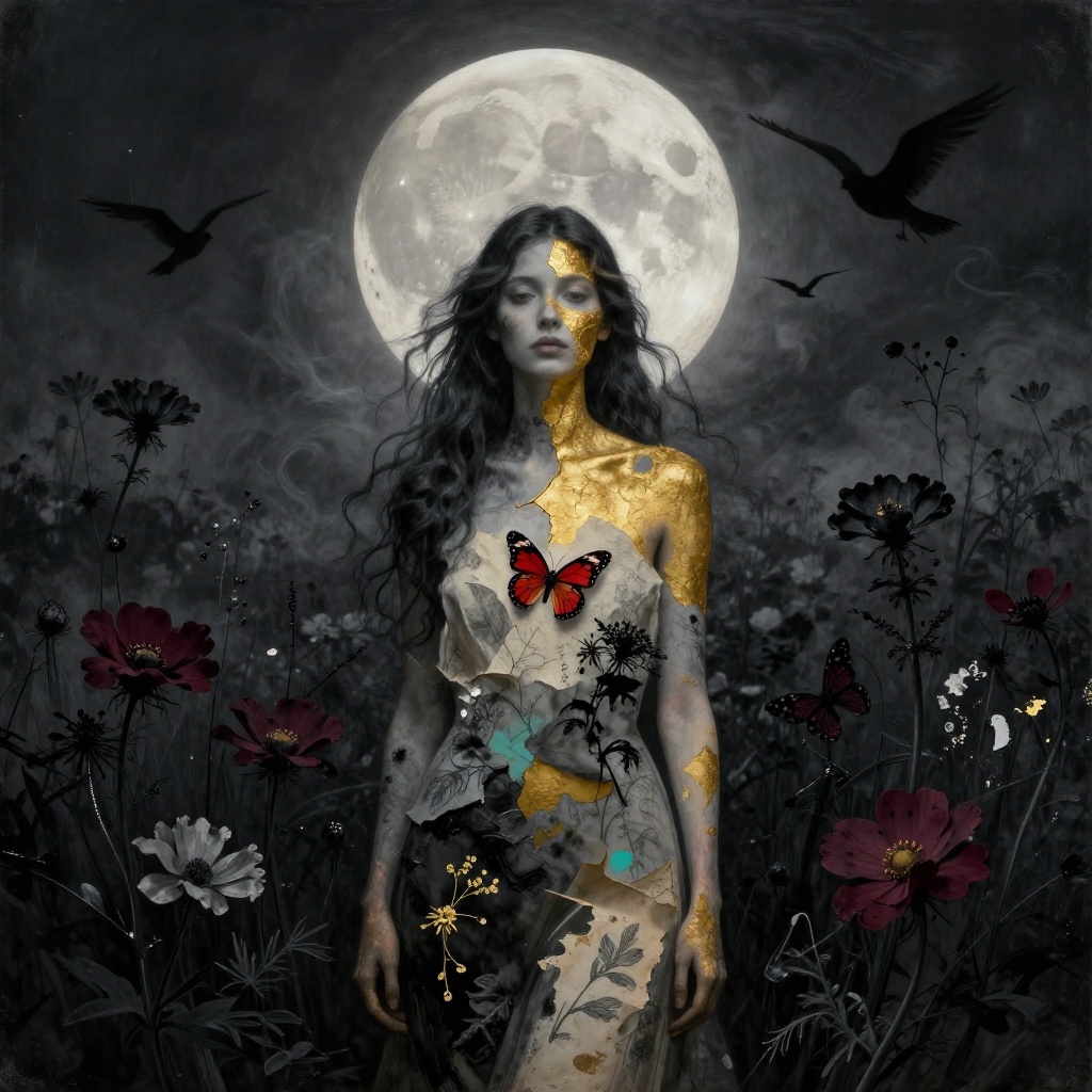 Art: A hauntingly beautiful mixed-media portrait of a solitary woman standing in a field of towering black wildflowers beneath an enormous pale moon. Her face is calm, but faint cracks of glowing gold spread across her skin, revealing a hidden inner light. Wisps of smoky ink, torn vintage paper, charcoal marks, delicate botanical sketches, and thick palette-knife paint blend throughout the composition. Shadowy birds circle in the distant sky while one vivid crimson butterfly rests near her heart. The atmosphere feels peaceful, curious, and quietly anxious, balancing darkness with hope. Dramatic lighting, deep black, muted ivory, burgundy, antique gold, smoky gray, subtle teal accents, rich layered textures, surreal symbolism, elegant composition, museum-quality contemporary fine art, emotionally powerful, ultra-detailed, no text, vertical 3:4 aspect ratio.