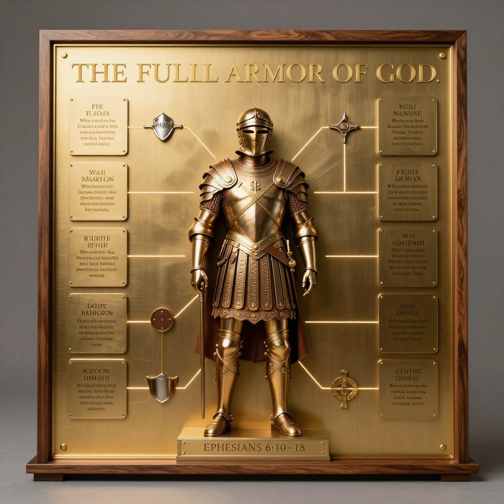 ศิลปะ: An extraordinary luxury Christian educational display titled "PUT ON THE FULL ARMOR OF GOD" inspired by Ephesians 6:10–18. The artwork is designed as an elegant walnut wood display stand supporting a brushed gold and silver metallic plaque with engraved borders. Across the top, large embossed gold lettering reads "THE FULL ARMOR OF GOD." In the center stands a majestic Roman soldier made of polished bronze, facing forward in a heroic pose, wearing every piece of God's armor. Each armor piece is connected by thin glowing golden lines to beautifully rounded information panels arranged symmetrically around the soldier. Every panel contains the armor's name, what it represents, and its scripture reference. Use premium serif typography, engraved metallic labels, realistic leather straps, polished steel reflections, cinematic soft lighting, museum-quality presentation, subtle rays of heavenly light from above, ultra-clean layout, luxurious minimalist design, hyper-realistic 3D render, photorealistic textures, shallow depth of field, soft shadows, gold accents, 8K ultra-detailed masterpiece.
