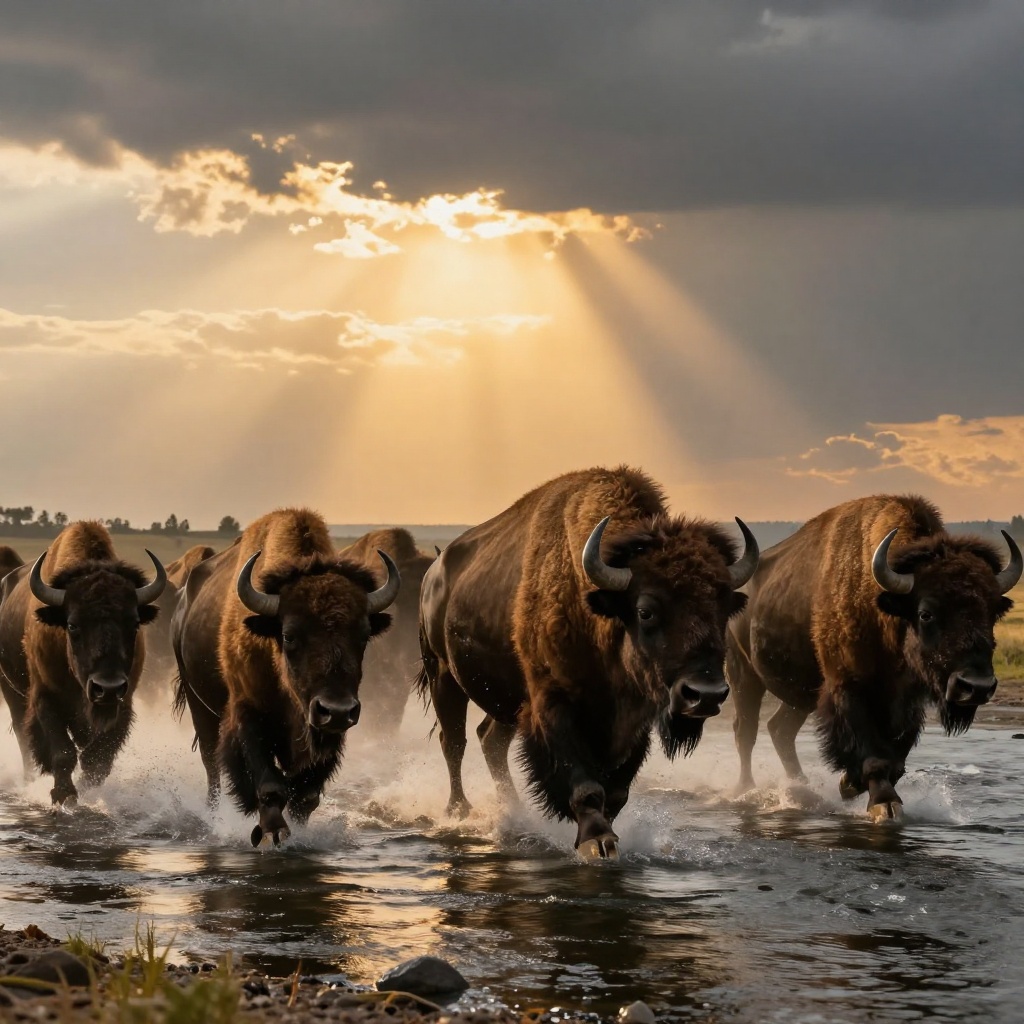 艺术: thunderous herd of bison crossing a river at sunset, spray catching the golden light.