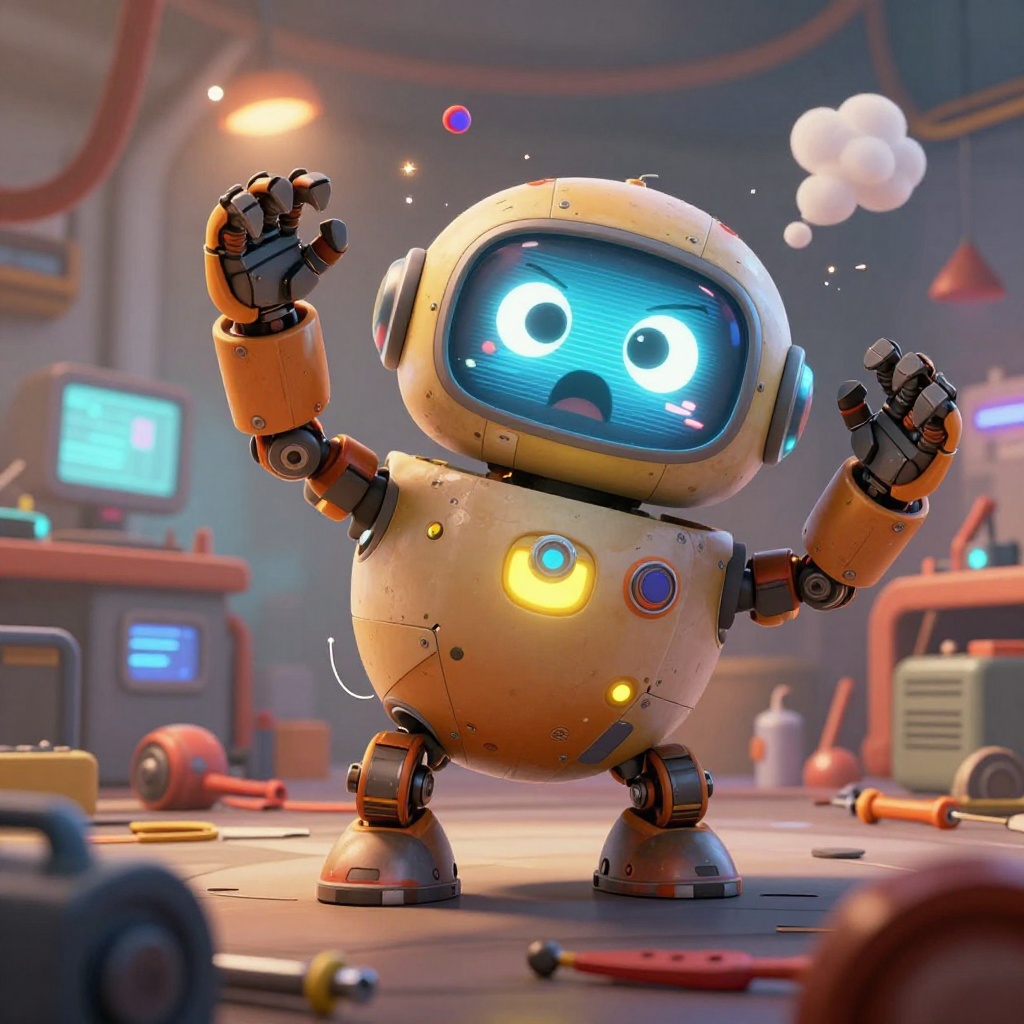 Art: A small, round industrial helper robot named Bolt, with a compact spherical body made of worn metal panels and bright accent lights. He has large, expressive digital eyes displayed on a curved screen, capable of exaggerated cartoon emotions (wide blinking, pixelated tears, shock expressions).
Design Details: Extendable mechanical arms that stretch and retract quickly, ending in multi-purpose tool attachments (claws, screwdriver tips, mini welders). Small magnetic wheels or hover stabilizers underneath for movement. Occasional sparks or loose screws emphasize his clumsy nature.
Personality in Motion: Bolt appears loyal and eager but slightly clumsy—mid-action pose where one arm is overextended while the other tries to fix something, creating a comedic imbalance. Panels on his body pop open dramatically when surprised, with springs or wires briefly sticking out.
Cartoon Effects: Over-the-top animated reactions—body shaking rapidly, eyes glitching into warning symbols, panels popping open, tiny puffs of smoke or sparks for comedic timing.
Scene: Inside a messy futuristic workshop with scattered tools, glowing screens, and half-built machines. Bolt is reacting to something off-screen (surprise or panic), creating a lively moment.
Style: Stylized cartoon animation, soft rounded shapes, vibrant colors, expressive squash-and-stretch motion, similar to modern animated films.
Lighting: Bright workshop lighting mixed with small glowing accents from Bolt’s eyes and tools.
Camera: Medium close-up, slightly tilted for comedic effect.
Mood: Lighthearted, chaotic, lovable chaos.

✨ Optional Add-ons:


“Pixar-style character design, soft shading”


“exaggerated squash and stretch animation frame”


“comic motion blur, cartoon FX lines”