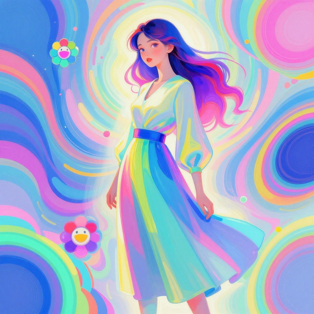 Art: A beautiful woman in elegant attire stands within a vibrant, dreamlike environment filled with swirling psychedelic patterns and vivid, mesmerizing colors. Extreme close up portrait with interesting side-lighting. Her form is rendered with bold, expressive brushstrokes, evoking the playful, surreal aesthetic of Takashi Murakami, the dynamic, graphic qualities of Ash Thorp, and the charming character designs of Lois van Baarle. The scene glows with an inner light, casting diffused, ethereal shadows. The color palette is modern, light primary tones with holographic pastels