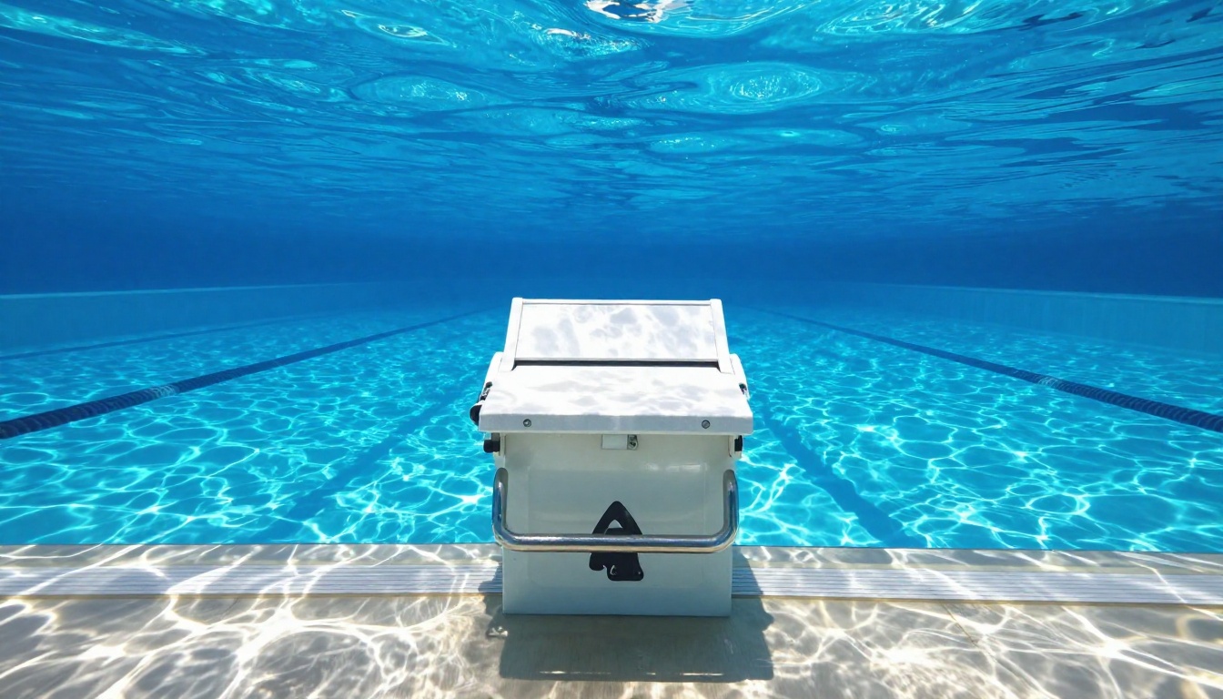 swimming starting block on the front around pool, water back...
