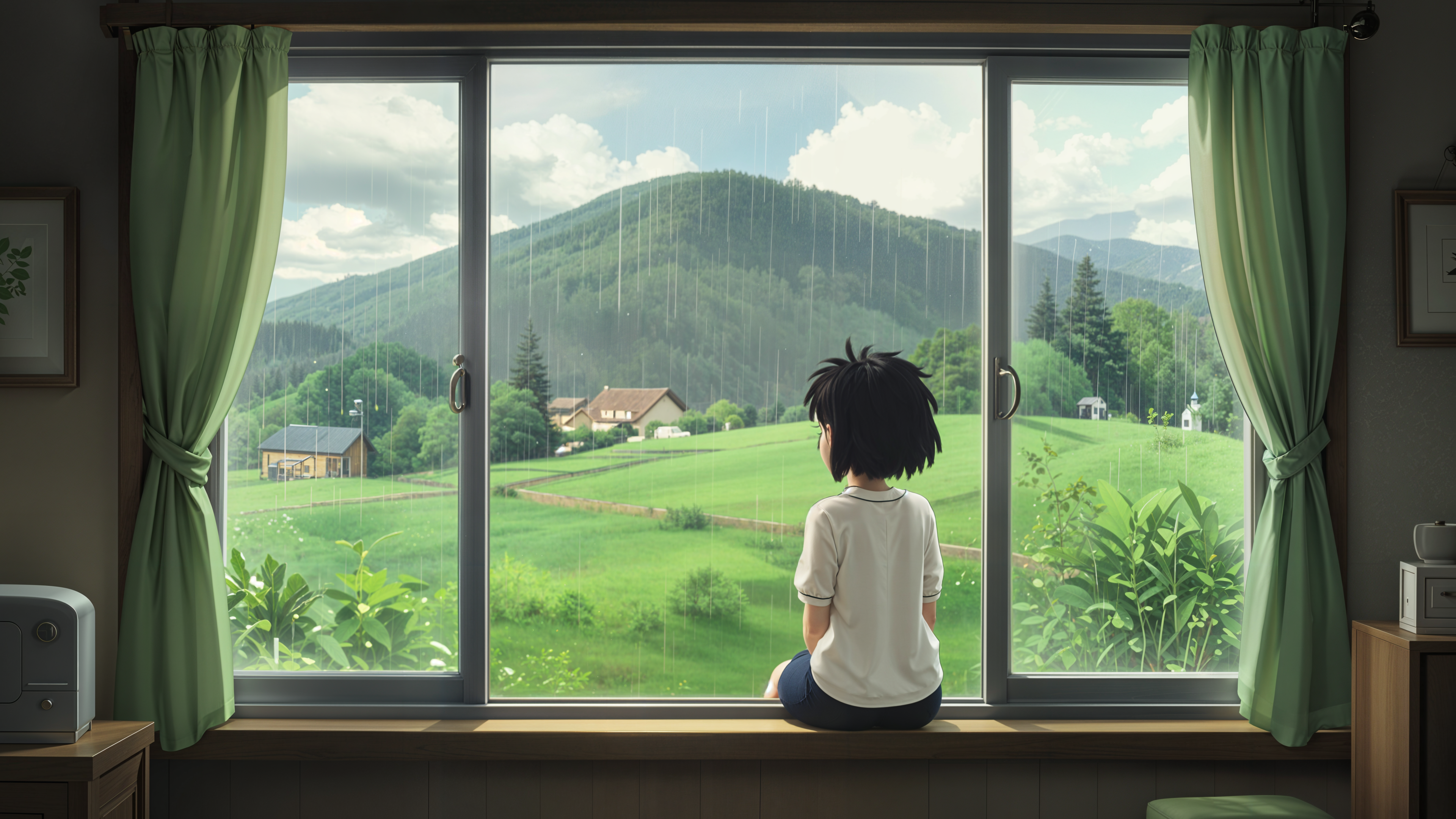 二次元风格，少女坐在温馨房间的大窗边，室...