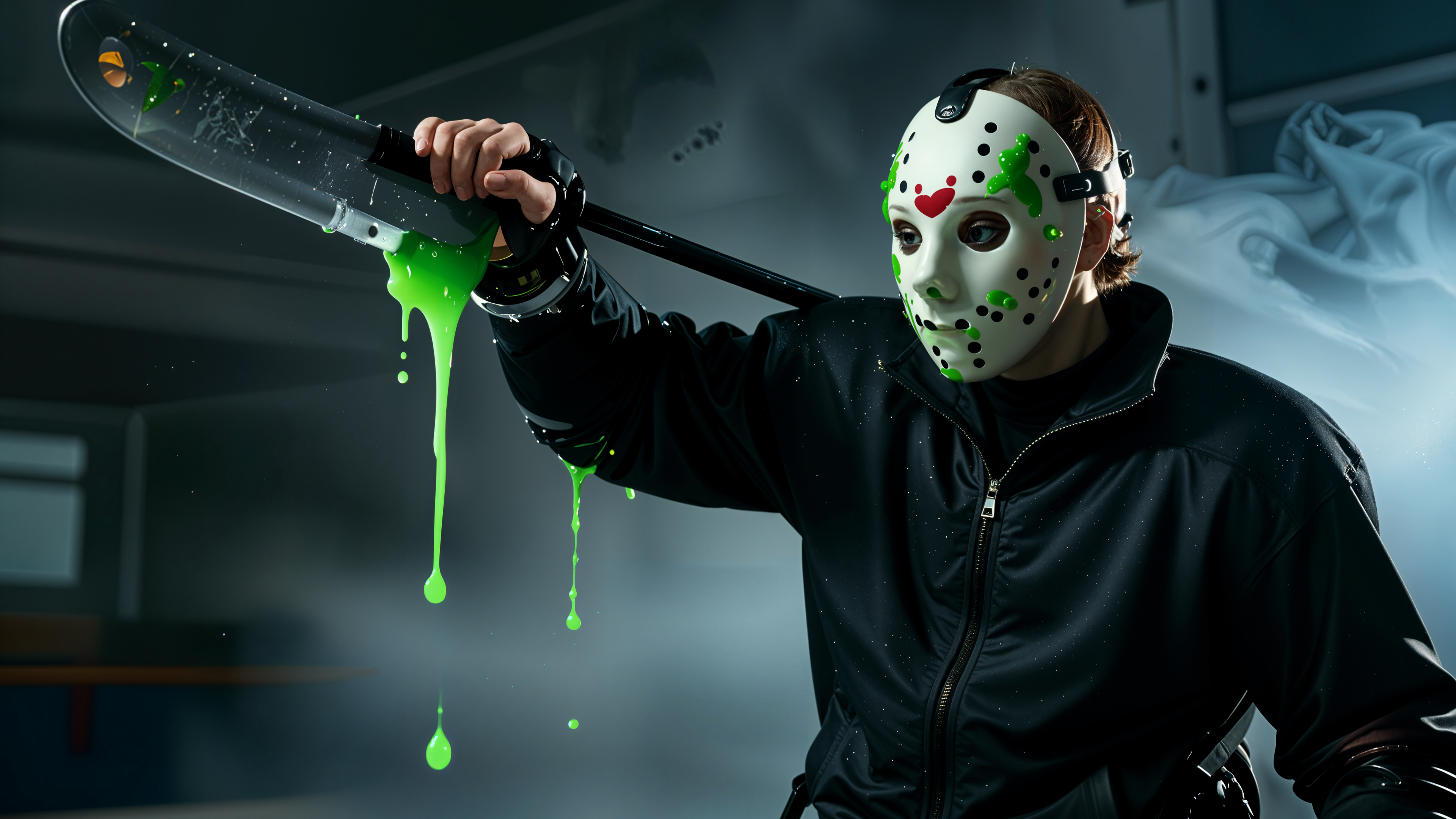 Guy with hockey mask and with green goo dripping down from h...