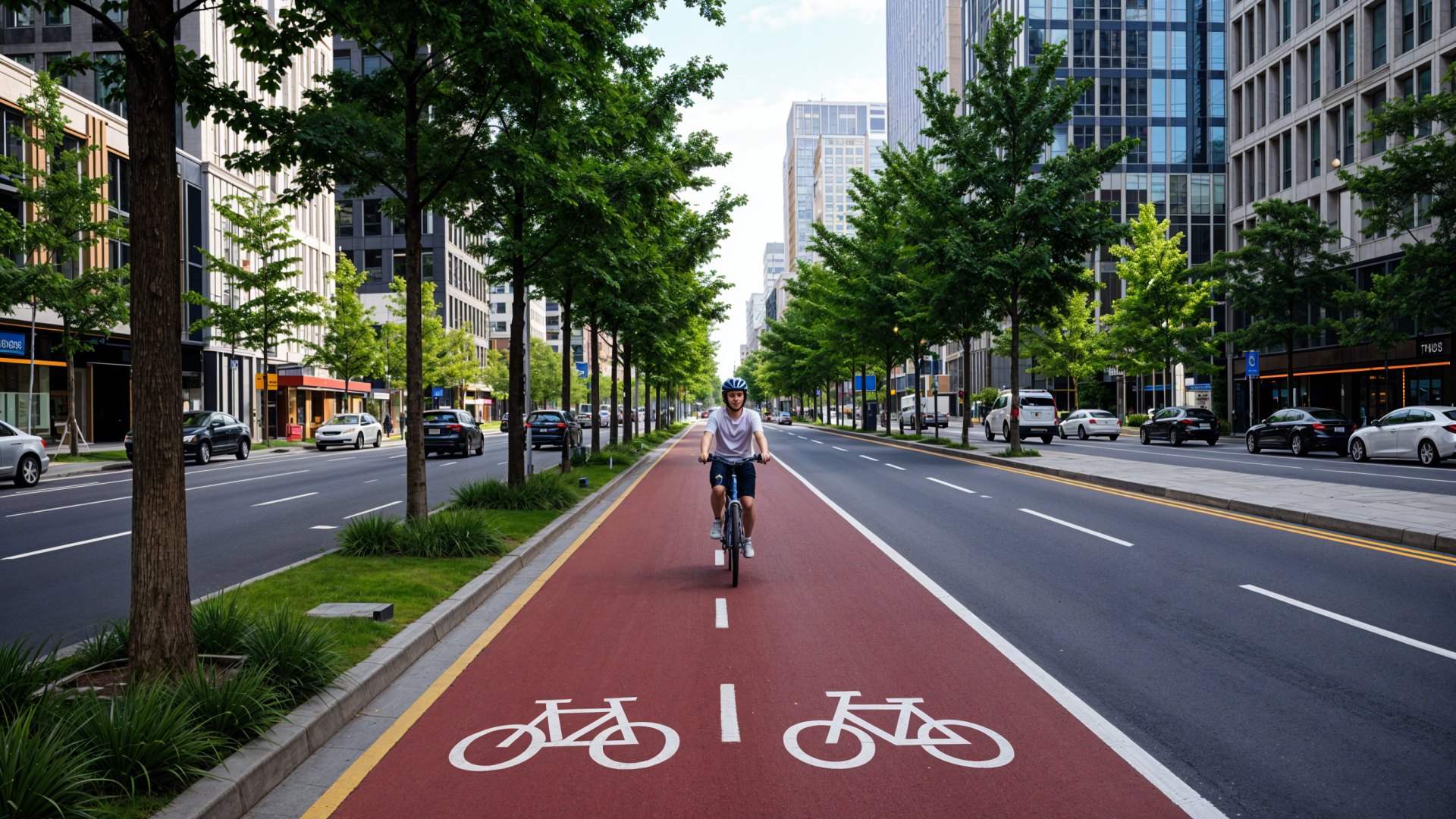 A vibrant city street with a protected bike lane, trees and ...