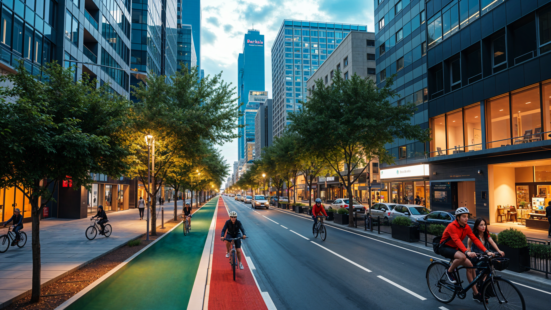 A vibrant city street with a protected bike lane, trees and ...
