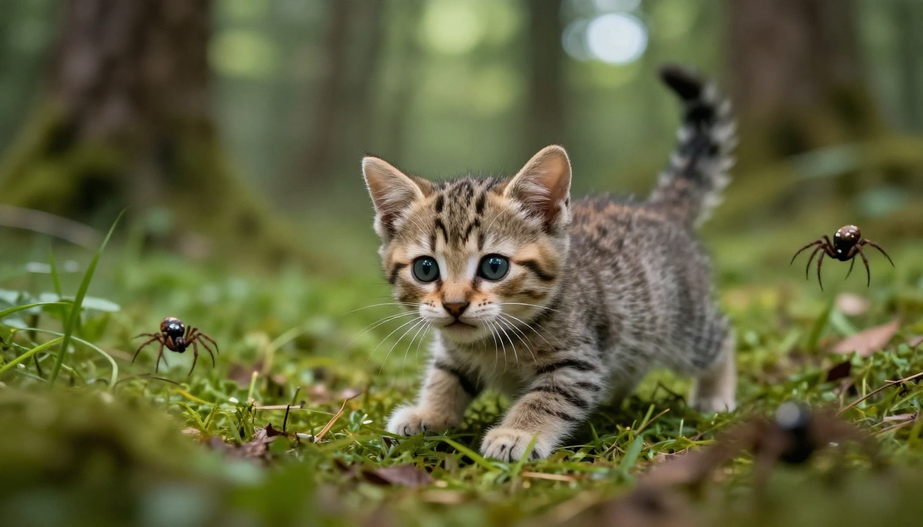 ormanda yavru kedi örümcekler kovalıyor