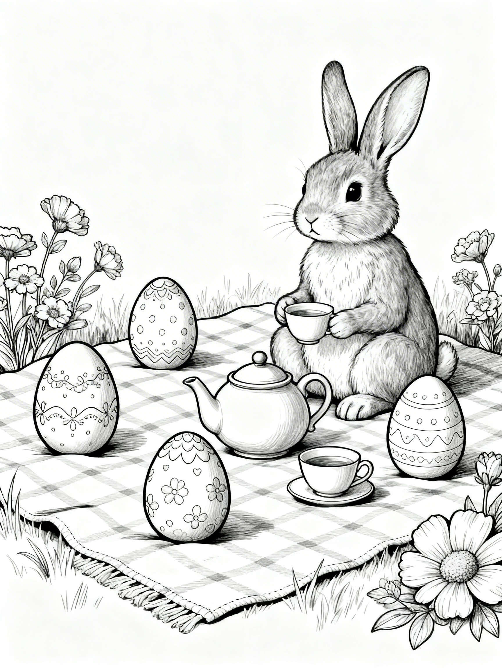 Art: coloring page, A whimsical scene of a bunny tea party with decorated eggs
as guests, teapot, teacups, flowers on a picnic blanket, thick clear outlines,
clean white background, 3:4 aspect ratio, adult coloring page, cozy.