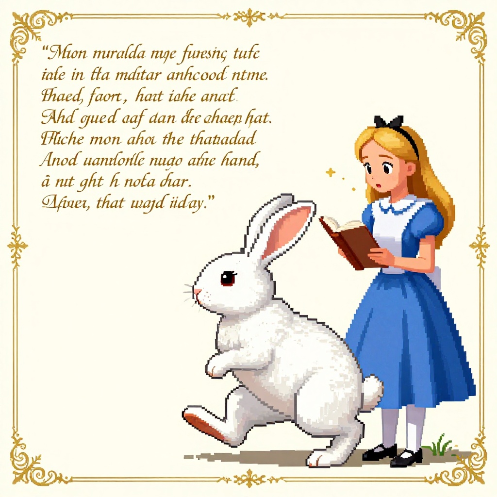 Art: écrire ce paragraphe avec lettrine en old english élégant avec doruresC’était le Lapin Blanc qui revenait en trottinant, et qui cherchait de tous côtés, d’un air inquiet, comme s’il avait perdu quelque chose ; Alice l’entendit qui marmottait : “La Duchesse ! La Duchesse ! Oh ! mes pauvres pattes ; oh ! ma robe et mes moustaches ! Elle me fera guillotiner aussi vrai que des furets sont des furets ! Où pourrais-je bien les avoir perdus ?” Alice devina tout de suite qu’il cherchait l’éventail et la paire de gants paille, et, comme elle avait bon cœur, elle se mit à les chercher aussi ; mais pas moyen de les trouver.