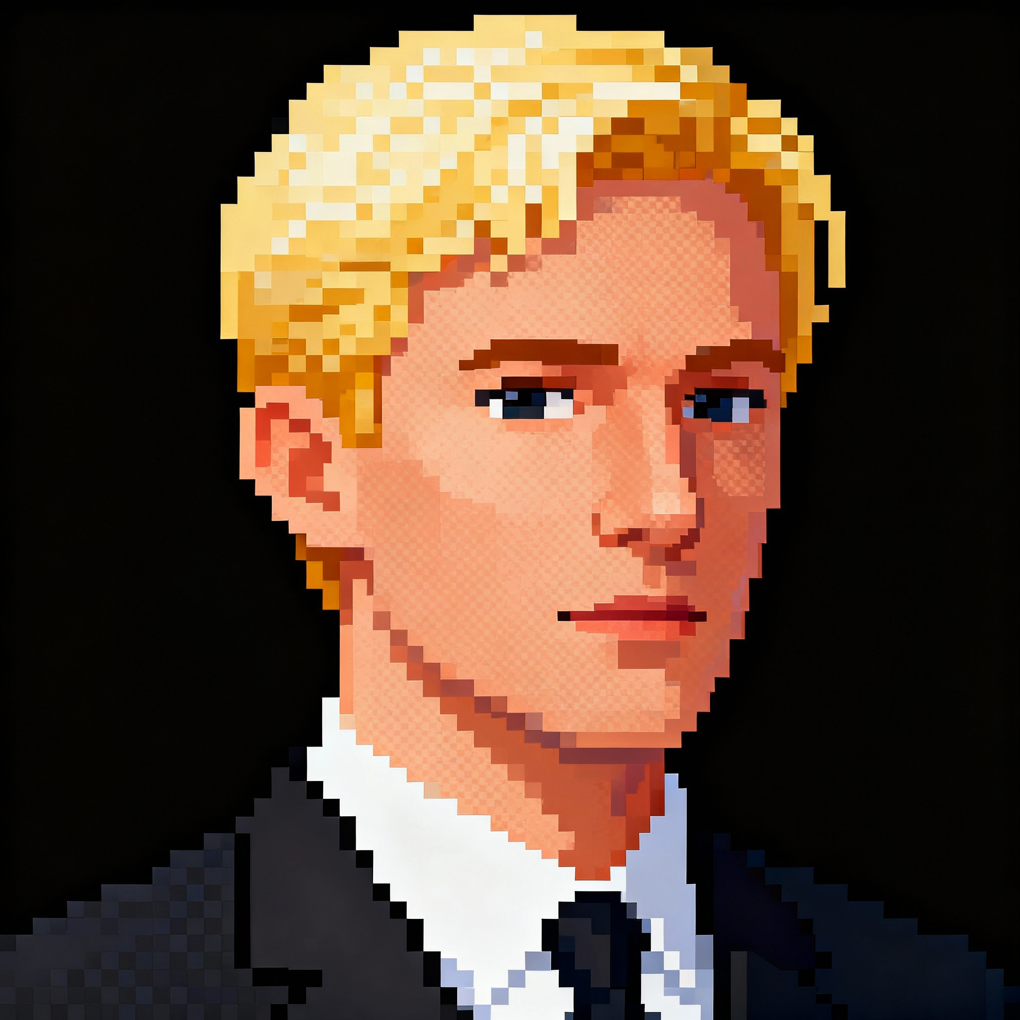 Profile Picture: a white business man with blonde hair. solid black background.