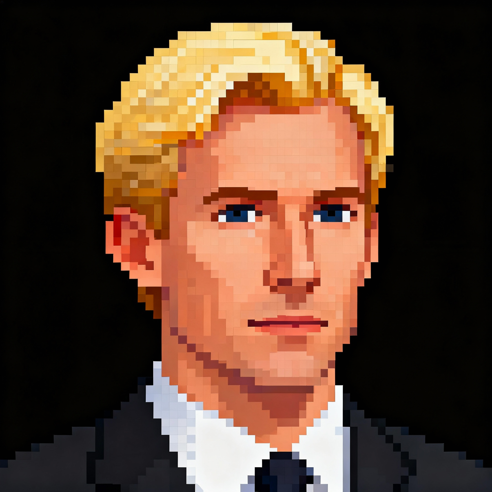 Profile Picture: a white business man with blonde hair. solid black background.