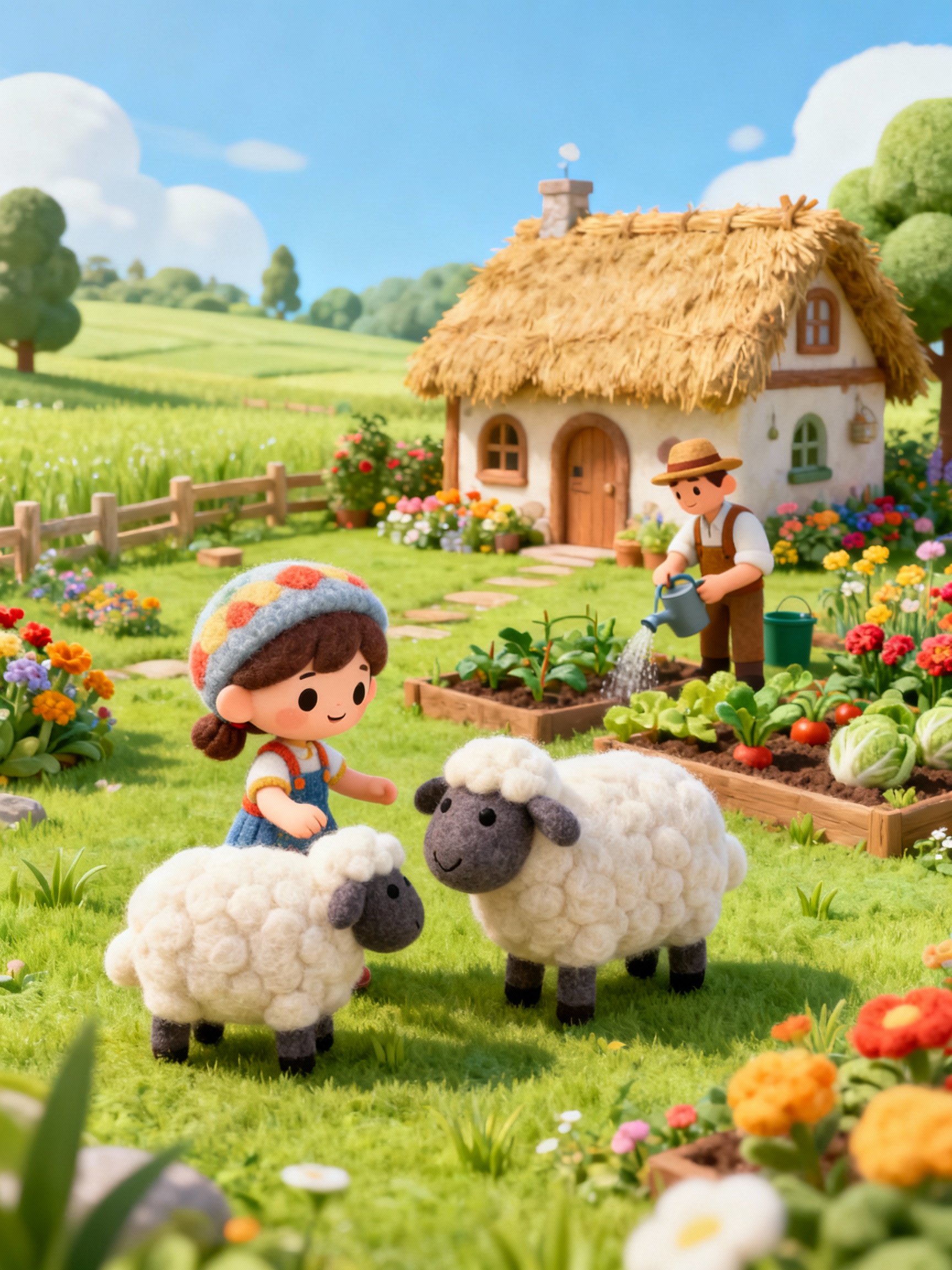 Create a charming diorama that depicts a cozy woolly farm in...