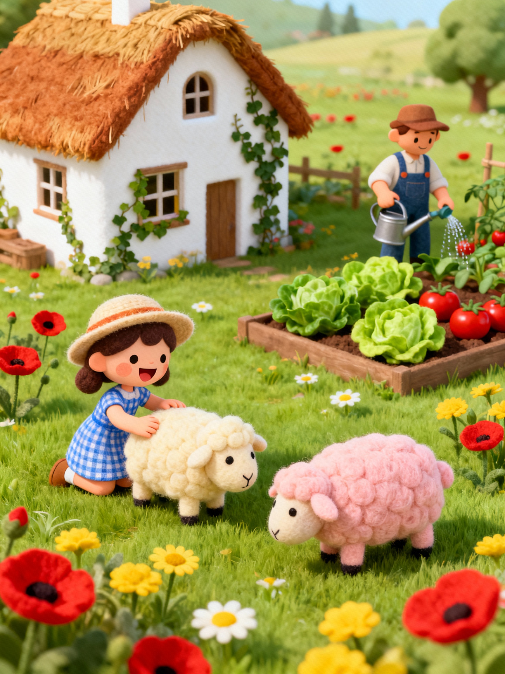 Create a charming diorama that depicts a cozy woolly farm in...