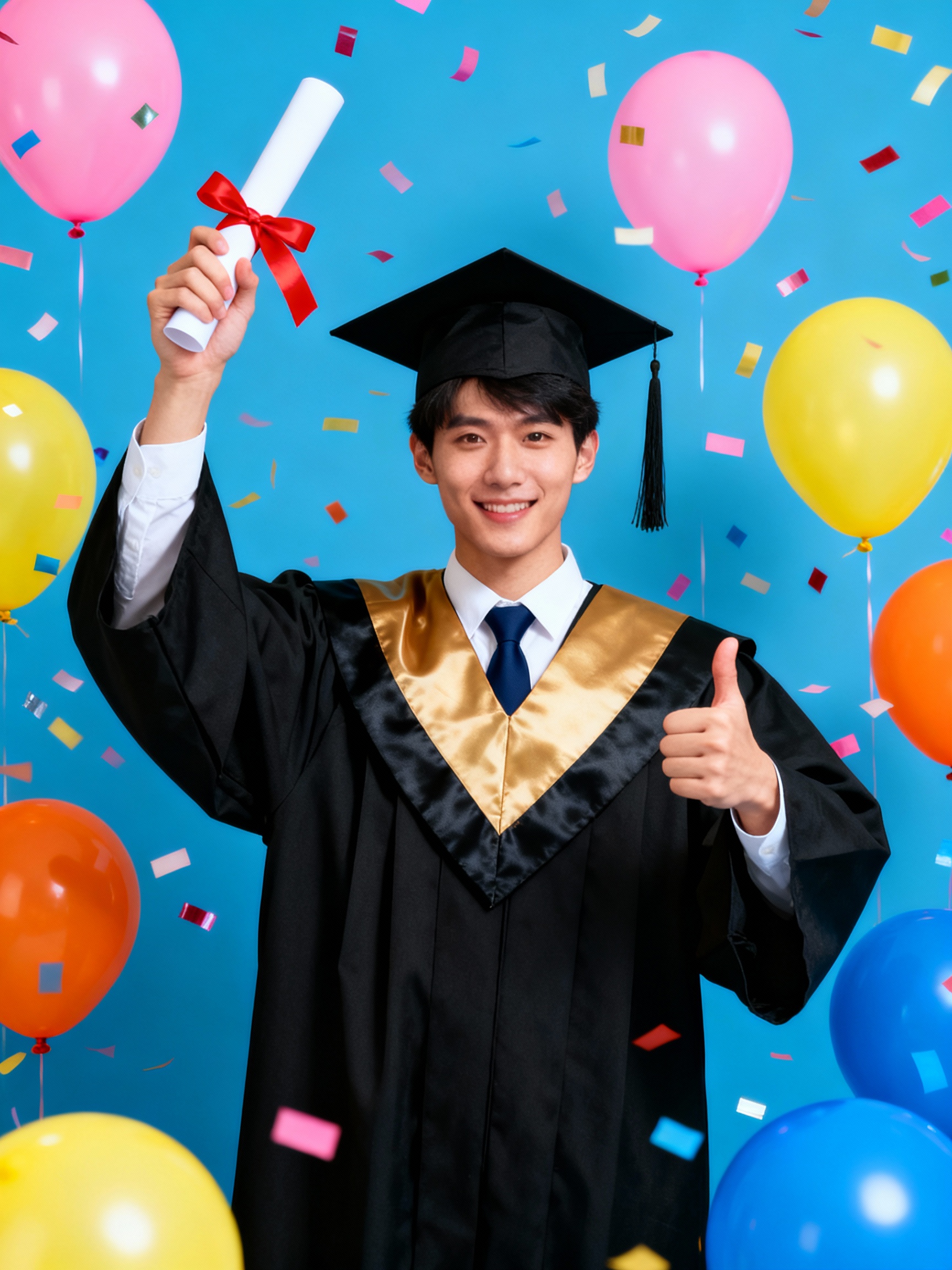 Scene &amp; Composition: A medium shot against a blue backgr...