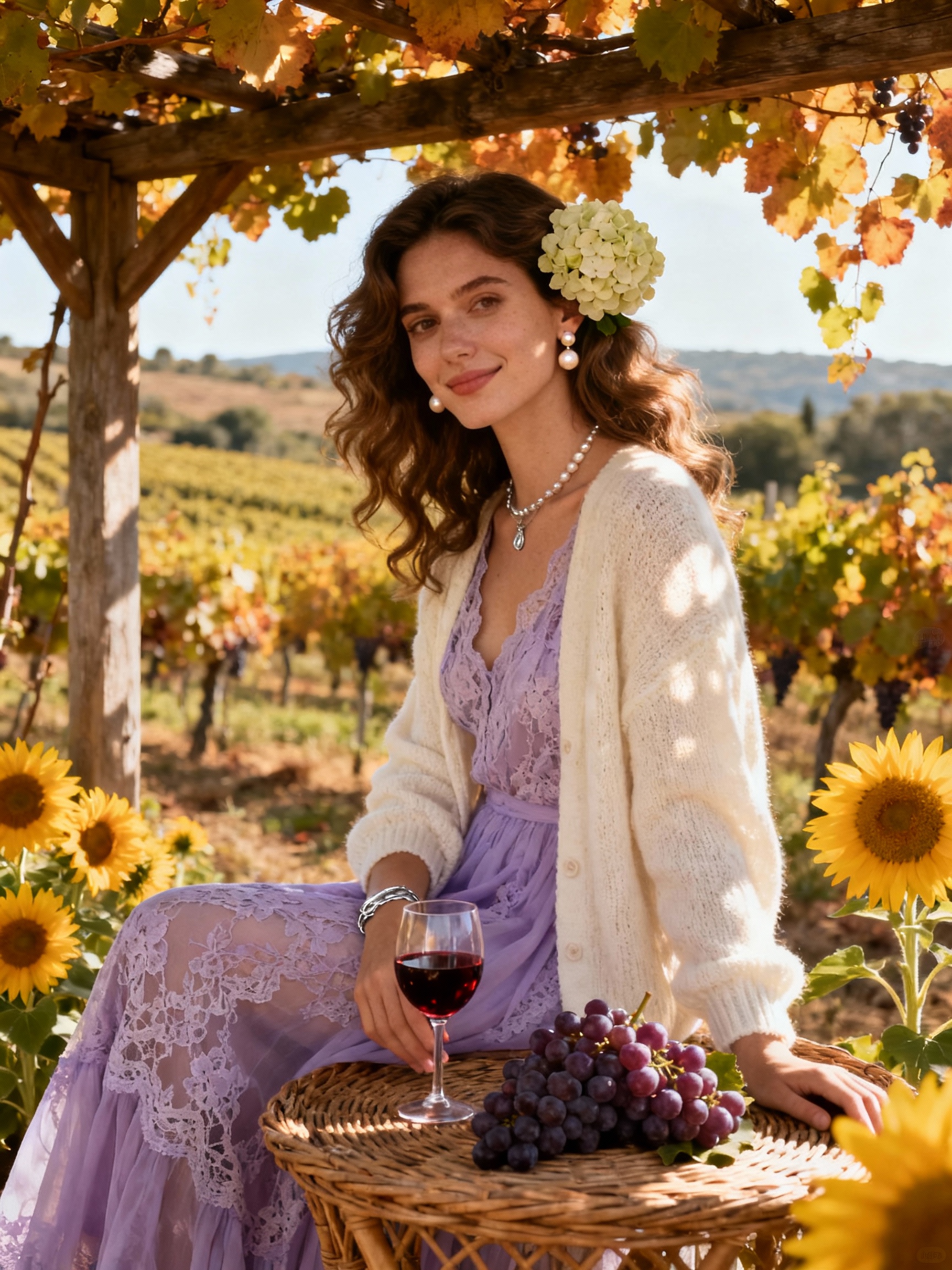 A subject sits gracefully beneath a wooden pergola in a Port...