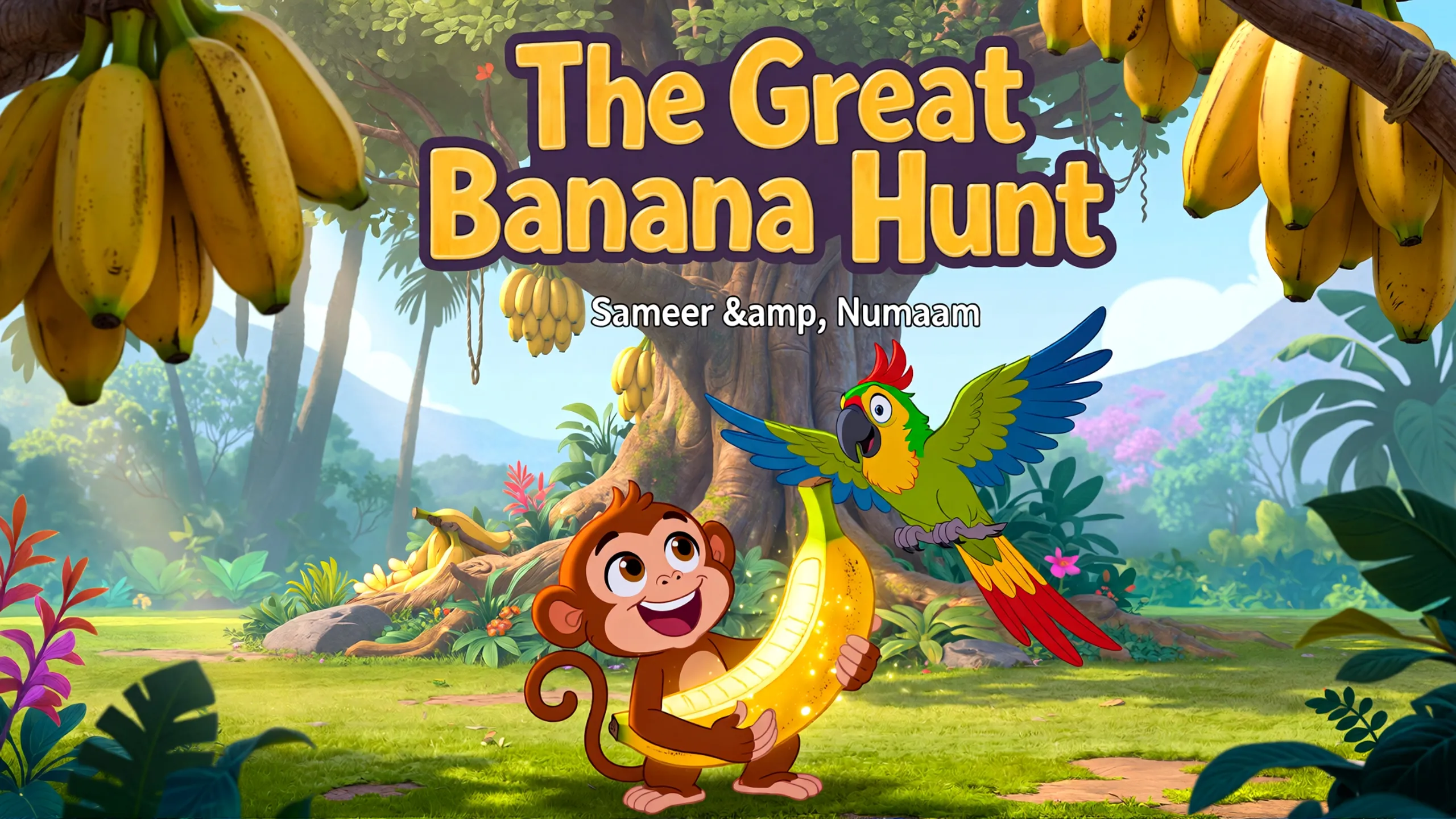 Genrate a cartoon video where monkey name is sameer and parr...