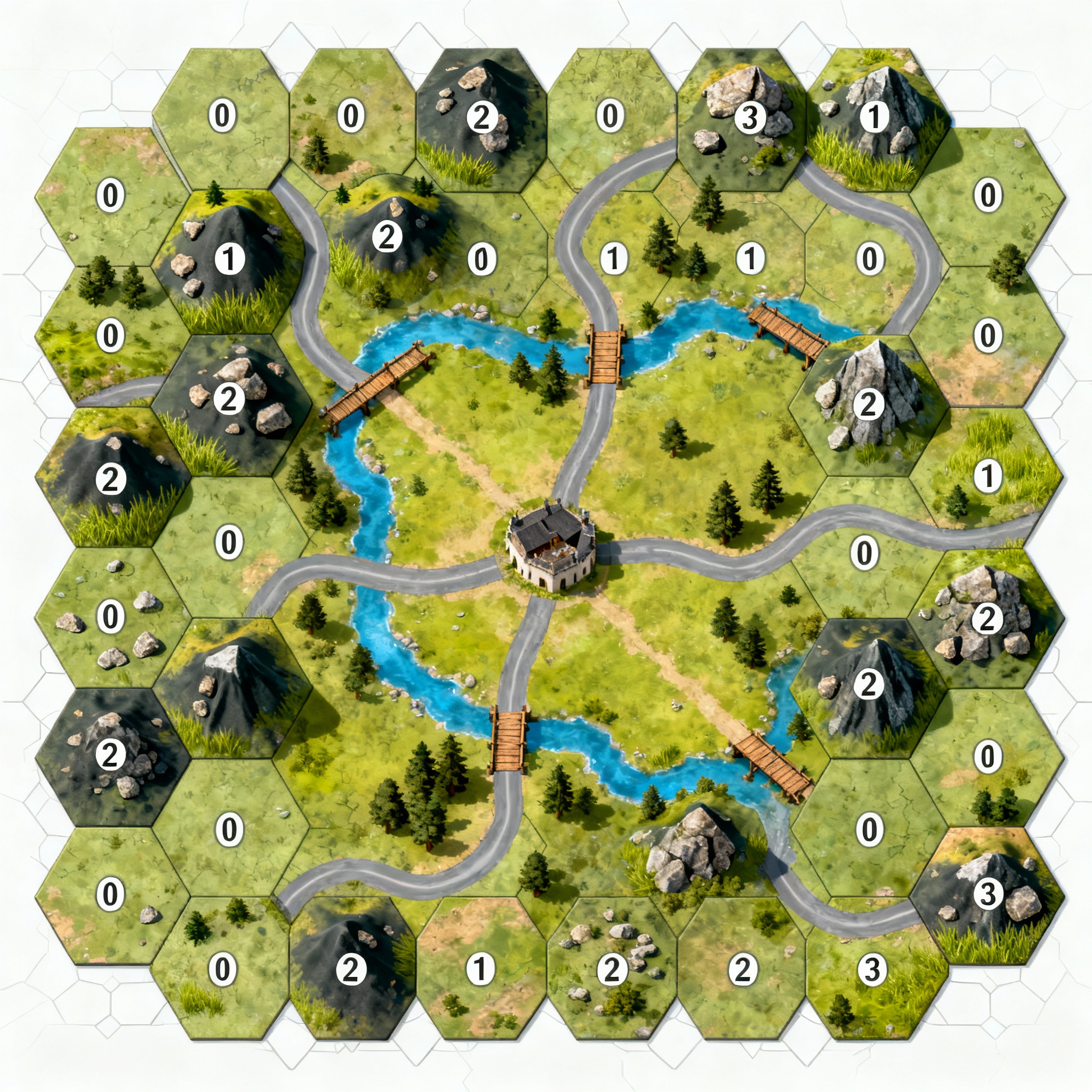 Top-down 2D tactical battle map, 14x14 octagonal tiles, symm...