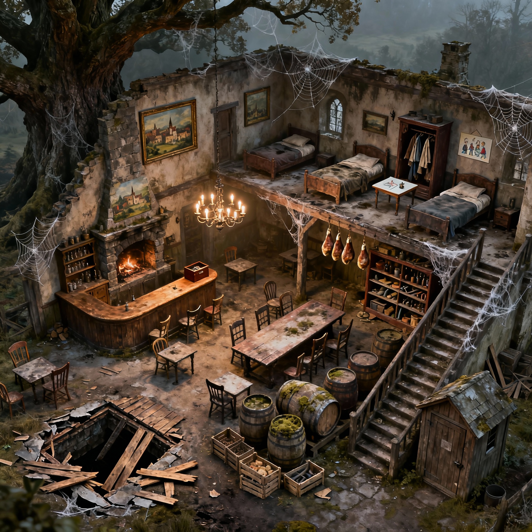 Top-down VTT battlemap of an abandoned medieval roadside inn...