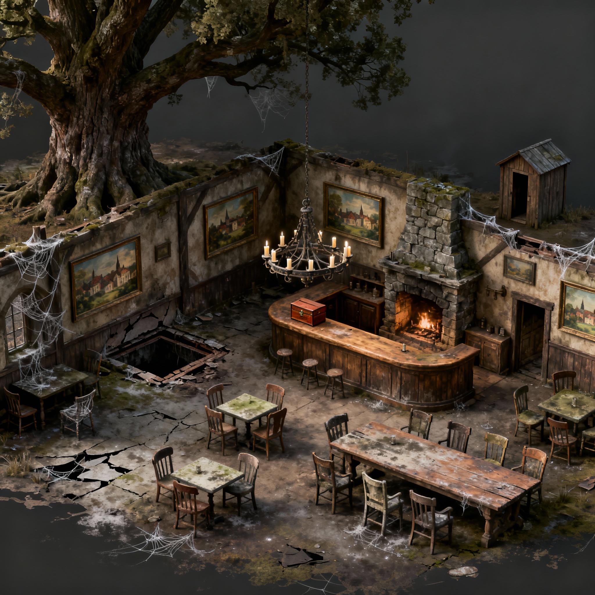 Top-down VTT battlemap of an abandoned medieval roadside inn...