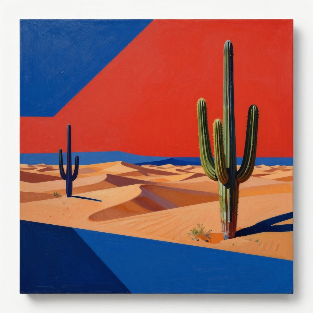 Art: A classic desert landscape completely reinvented in bold avant-garde style: vast dunes and towering saguaro cacti fractured into sharp geometric planes and fluid abstract shapes, non-naturalistic colors like electric blue sand and crimson sky, overlapping perspectives and distorted horizons, experimental composition that breaks traditional depth, dramatic high contrast lighting, thick expressive brushstroke texture, provocative and unconventional mood, museum-quality digital painting, ultra detailed, 4K resolution, wide landscape orientation –ar 16:9
Avant-garde –