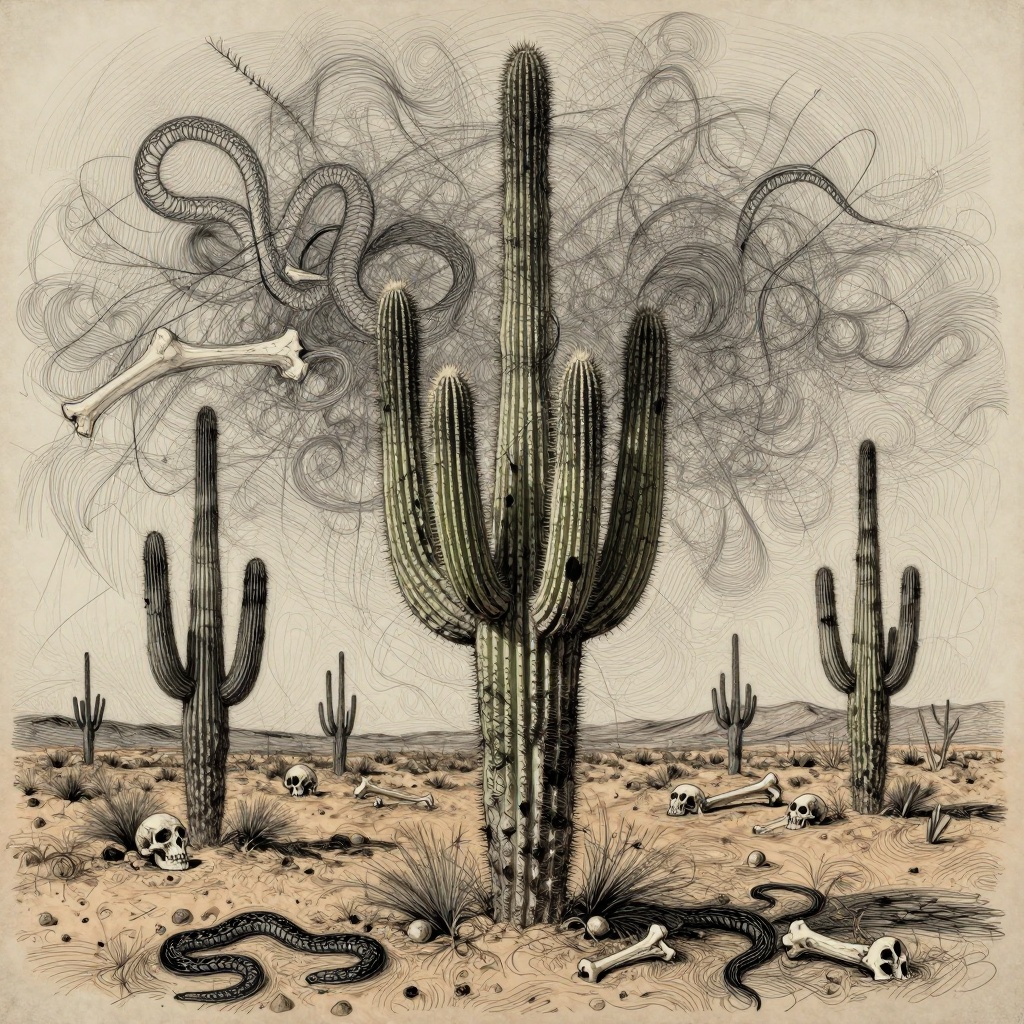 Art: Inspired by Bedlam psychiatric art, visionary raw expression with unhinged energy, dense obsessive lines and emotional isolation. Barren desert, towering saguaro cactus filled with intricate mad patterns, tiny realistic skull dwarfed in sand, bones and black snake drawn compulsively. Atmospheric solitude, textured rawness, proportions natural but intensified.