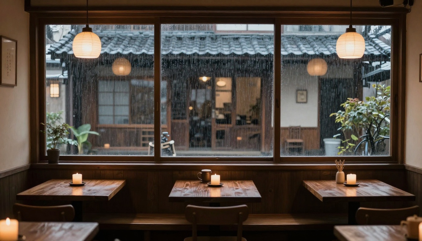 Cozy japanese coffee shop with candles and raining outside t...