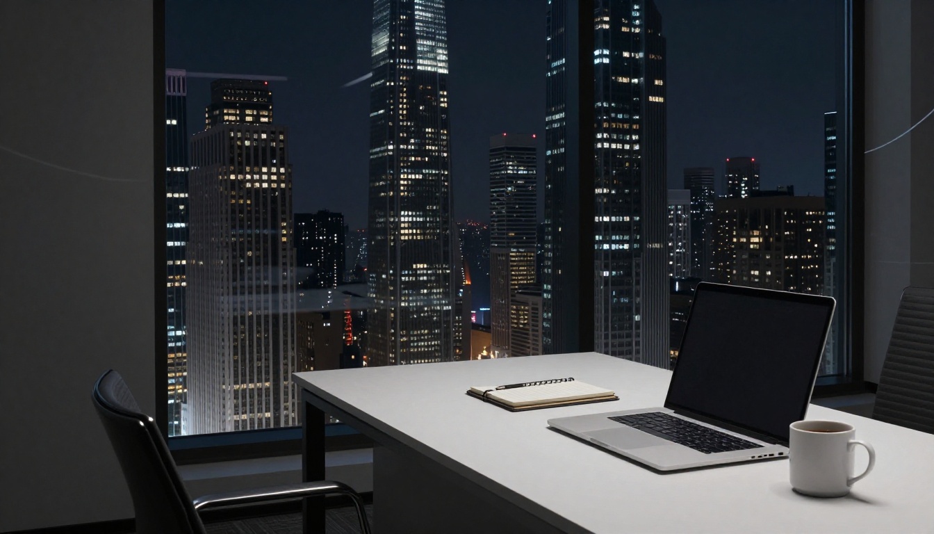 photorealistic minimal premium office in skyscrapper at nigh...
