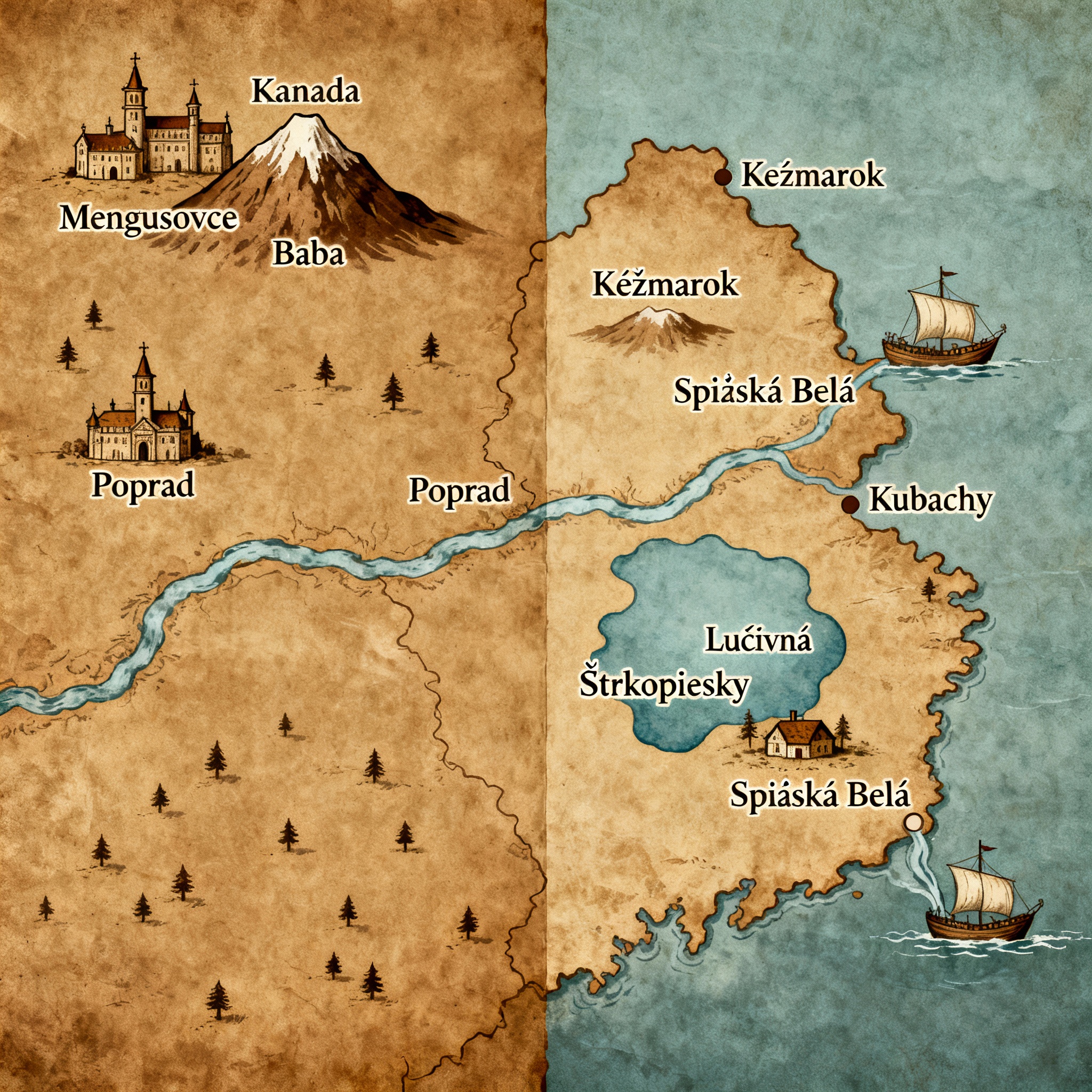 The map is old, in shades of brown. It is divided by the sea...