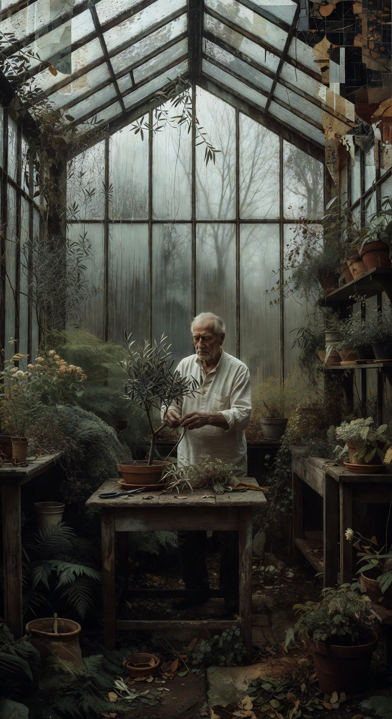 Art: An elderly man stands alone inside a vast greenhouse overtaken by time, surrounded by tall fogged glass panels streaked with rain and dense overgrown plants reaching into shadow. He gently trims a small olive tree placed on a worn wooden table, his movements slow and deliberate, expression calm but heavy with reflection. The lighting is entirely different from harsh spotlight illumination: muted overcast daylight filters diffusely through the wet glass ceiling above, creating a soft silver-gray atmosphere with delicate reflections and natural gradients of light across the scene. Moisture in the air catches the dim daylight, forming a faint haze that softens edges and deepens the contemplative mood. His aged face, lined hands, and simple linen shirt emerge gradually from the subdued environment rather than from stark contrast. Around him are scattered gardening tools, clay pots, fallen leaves, and shelves holding neglected plants fading into darker corners of the greenhouse. Outside the glass, vague silhouettes of bare winter trees are barely visible through condensation and rain. The composition feels intimate yet expansive, emphasizing quiet routine, patience, and inner discipline rather than overt symbolism. Rich blacks remain present in the background recesses, but the tonal range is broader, with soft grays, muted sepia undertones, and natural reflected light creating depth and realism. Intricate textures of wet glass, aged wood, damp soil, wrinkled skin, and foliage are rendered with subtle oil brushwork and museum-quality realism inspired by melancholic European master paintings, dramatic baroque oil painting, atmospheric diffused lighting, cinematic shadows, contemplative stoic atmosphere, masterpiece, best quality, intricate details, oil on canvas texture --ar 9:16