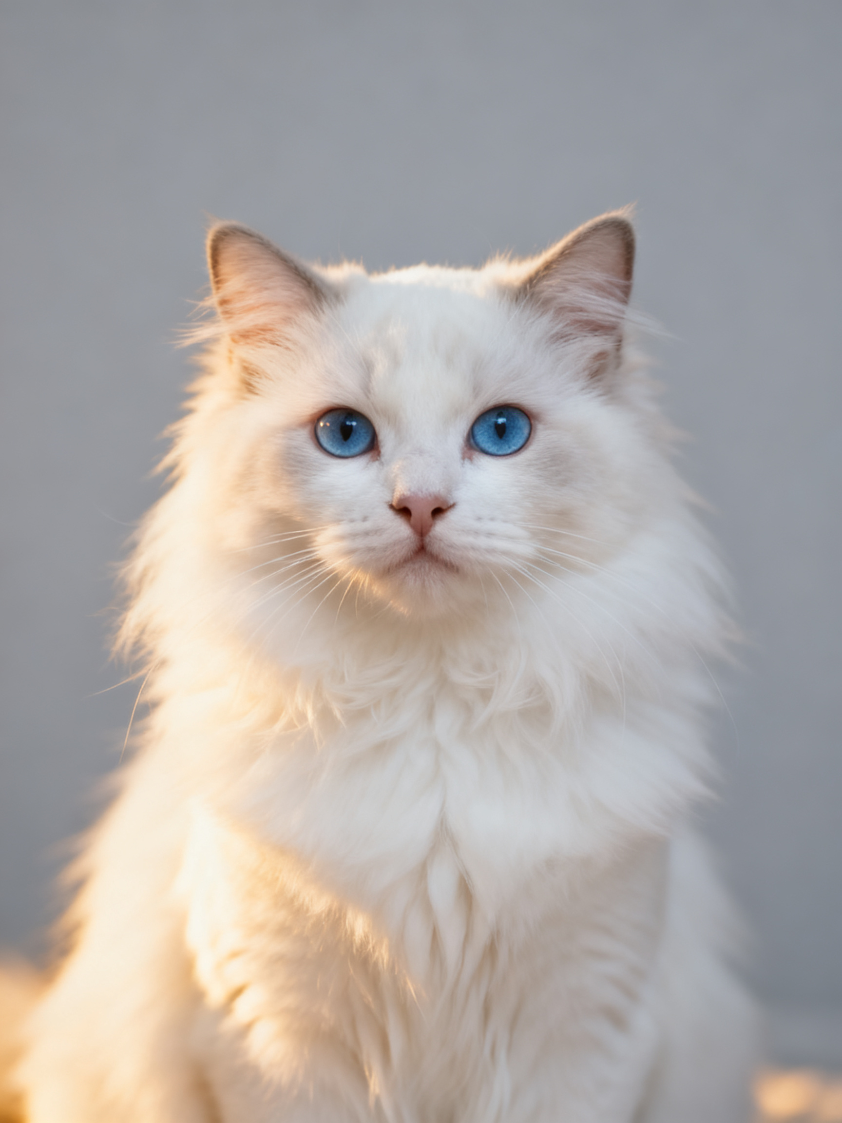 Beautiful blue eyed white semi long hair cat posing for a pi...