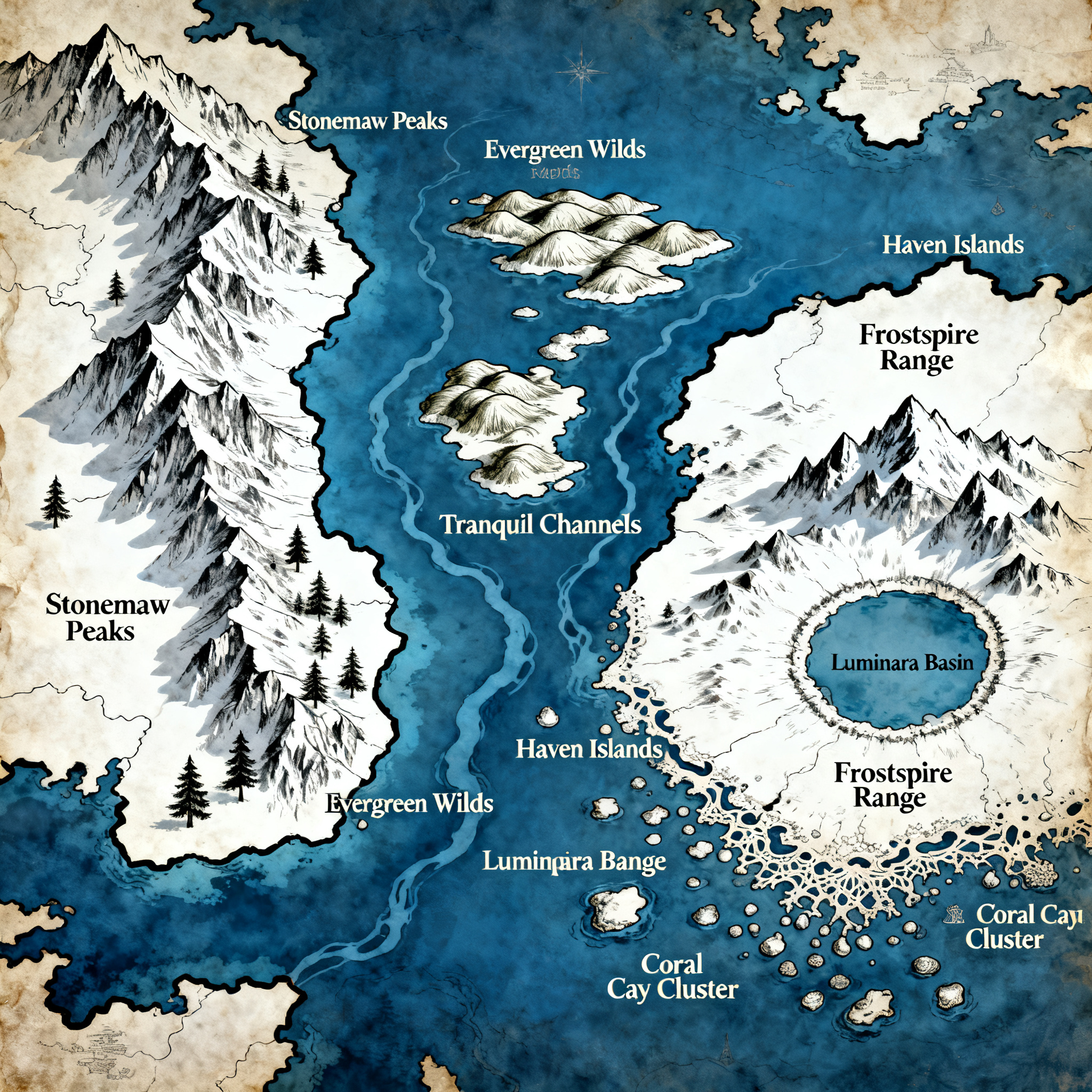 The map is a high-fantasy depiction of a large archipelago f...